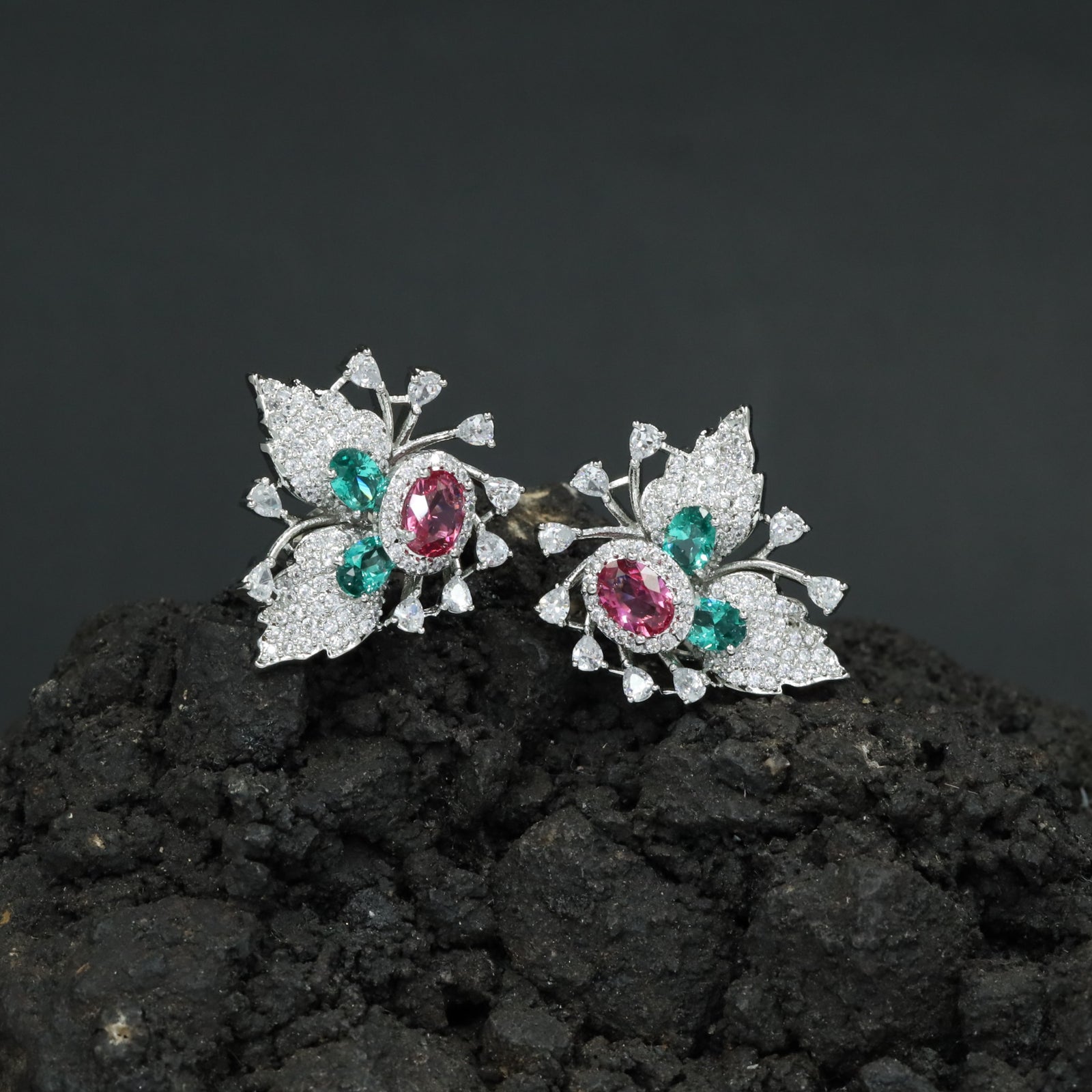 Botanical Spray Stud Earrings with Sculpted Leaf Detailing
