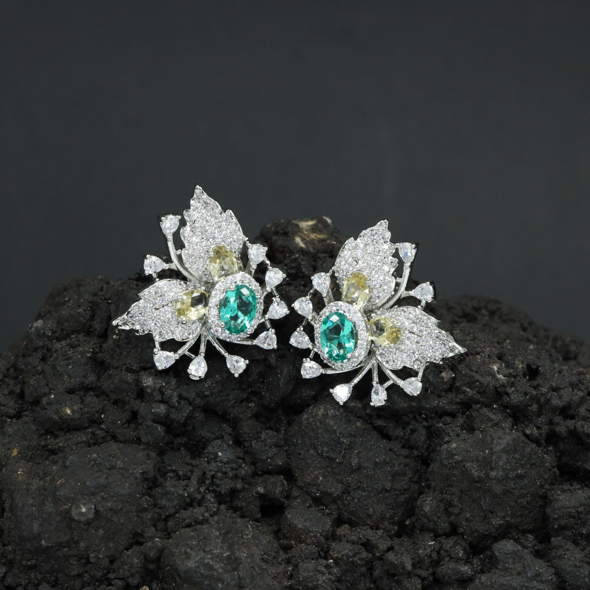 Rhodium Oval Stud with Botanical Leaf Frame