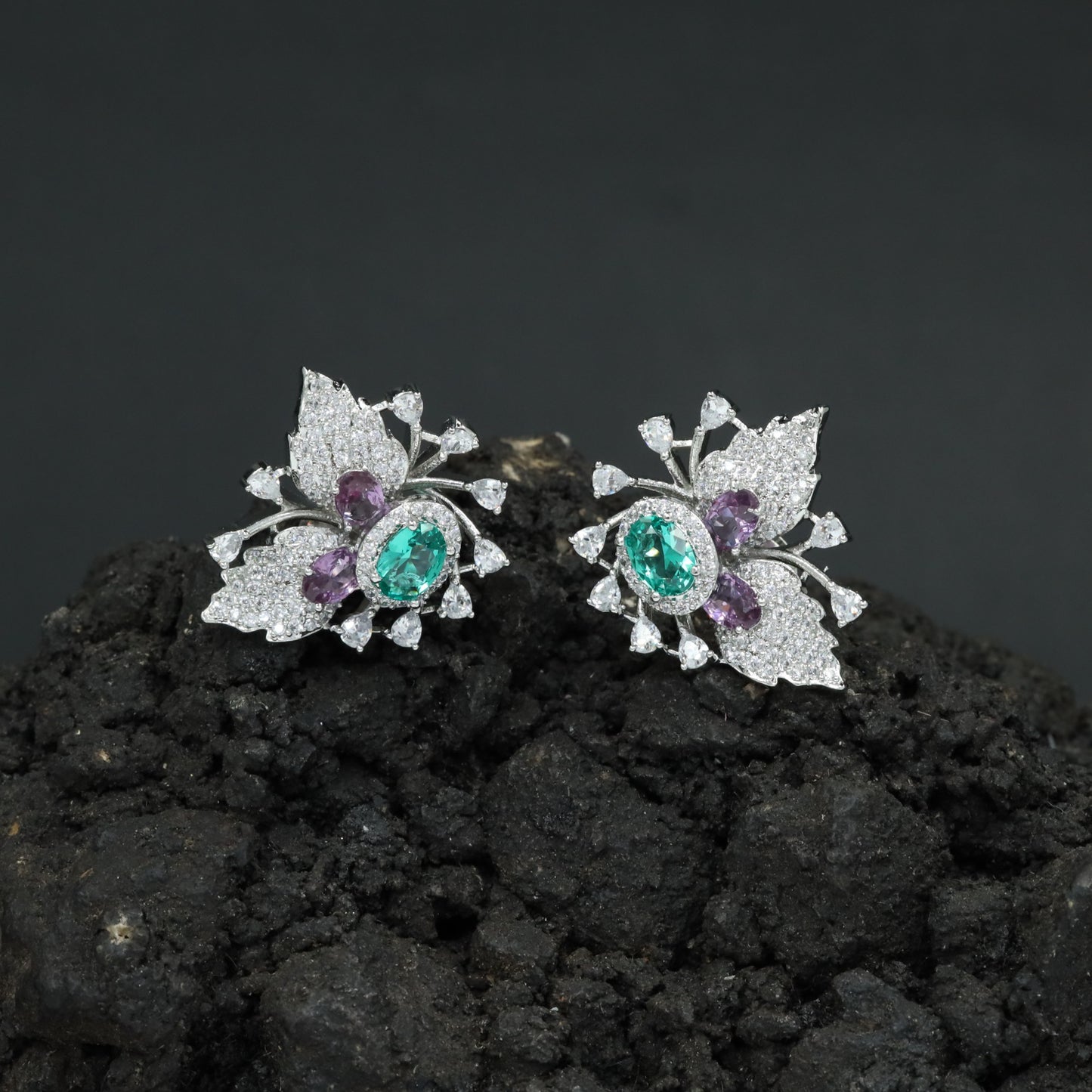 Botanical Spray Stud Earrings with Sculpted Leaf Detailing