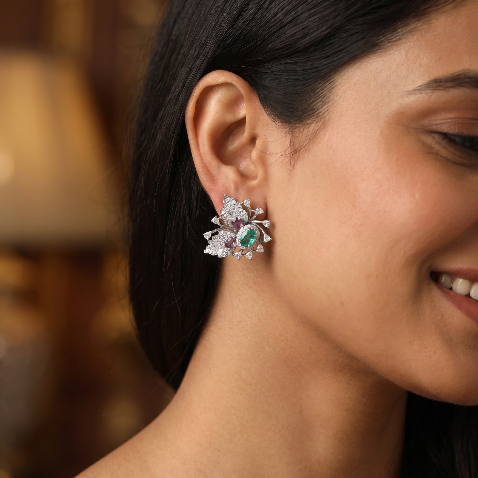 Botanical Spray Stud Earrings with Sculpted Leaf Detailing
