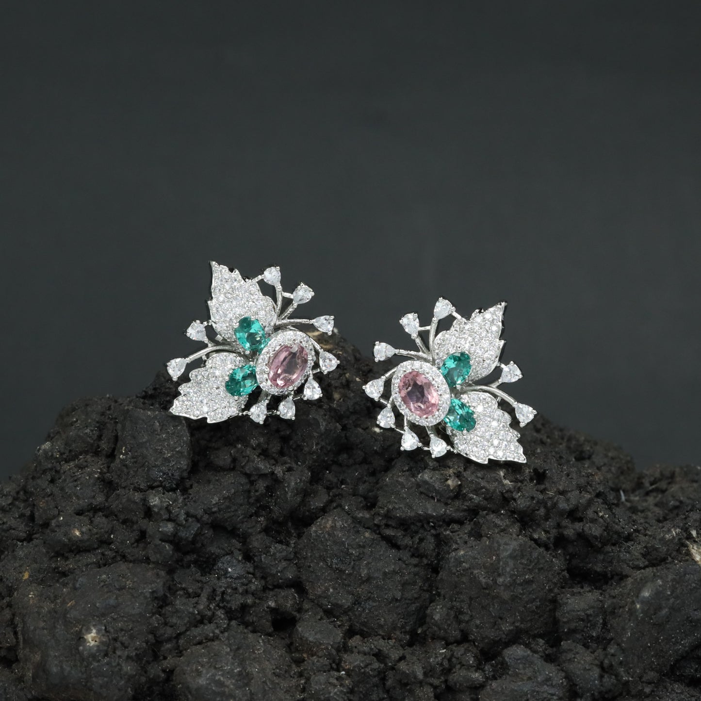 Botanical Spray Stud Earrings with Sculpted Leaf Detailing