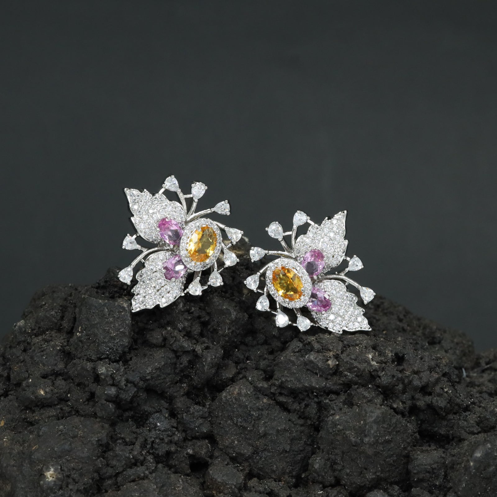 Botanical Spray Stud Earrings with Sculpted Leaf Detailing