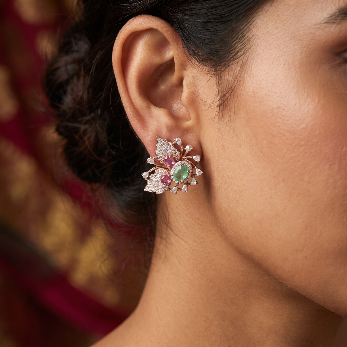 Botanical Spray Stud Earrings with Sculpted Leaf Detailing