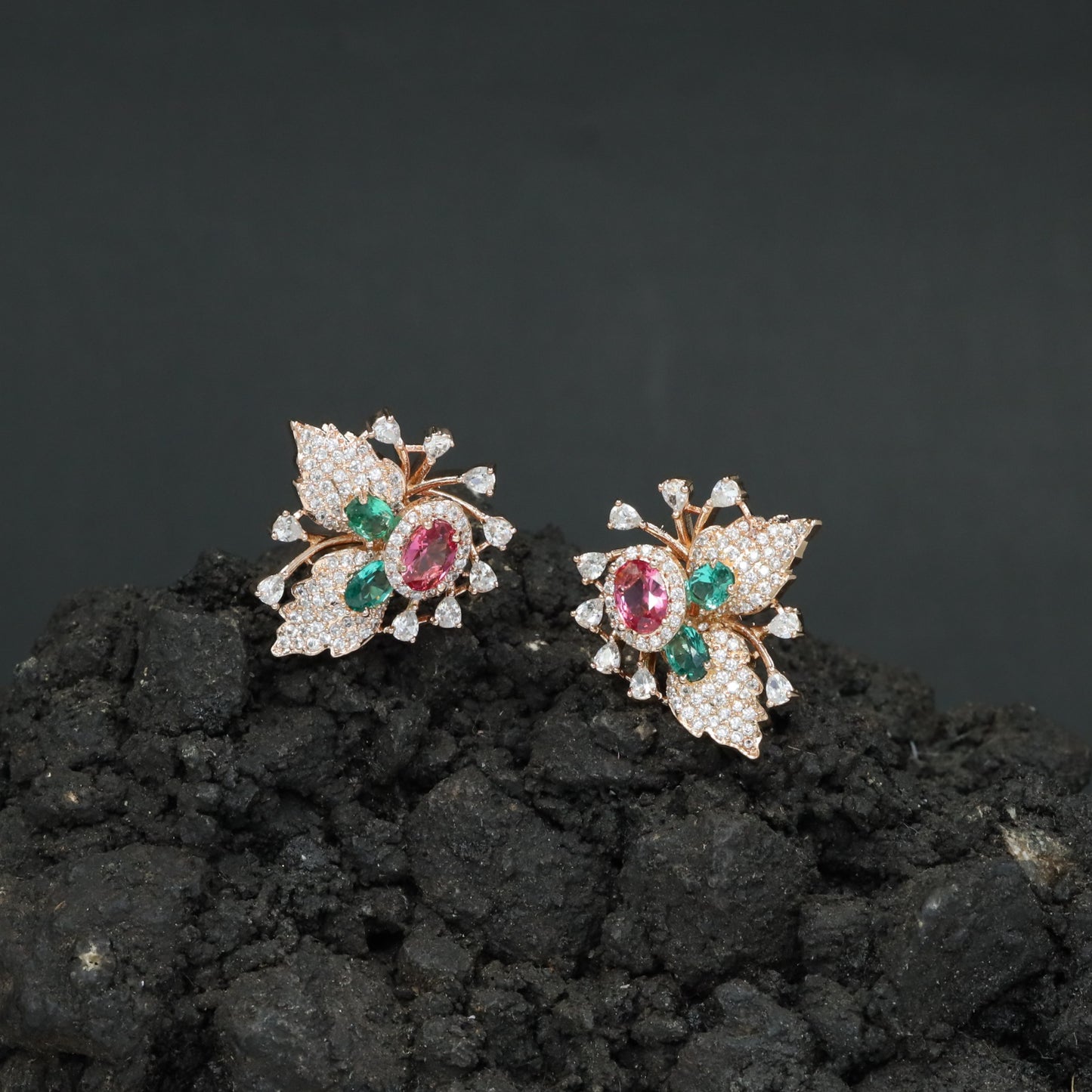 Botanical Spray Stud Earrings with Sculpted Leaf Detailing