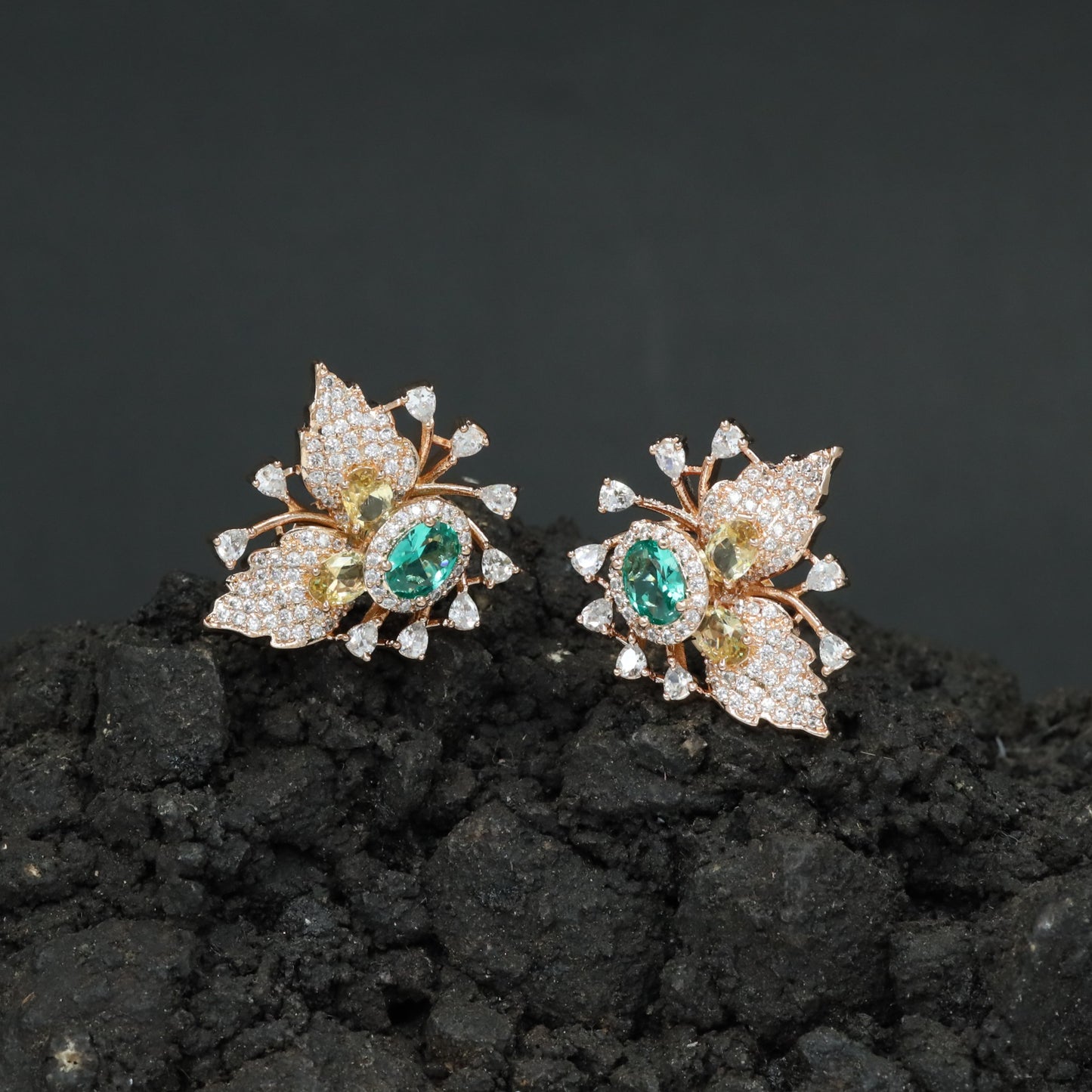 Botanical Spray Stud Earrings with Sculpted Leaf Detailing