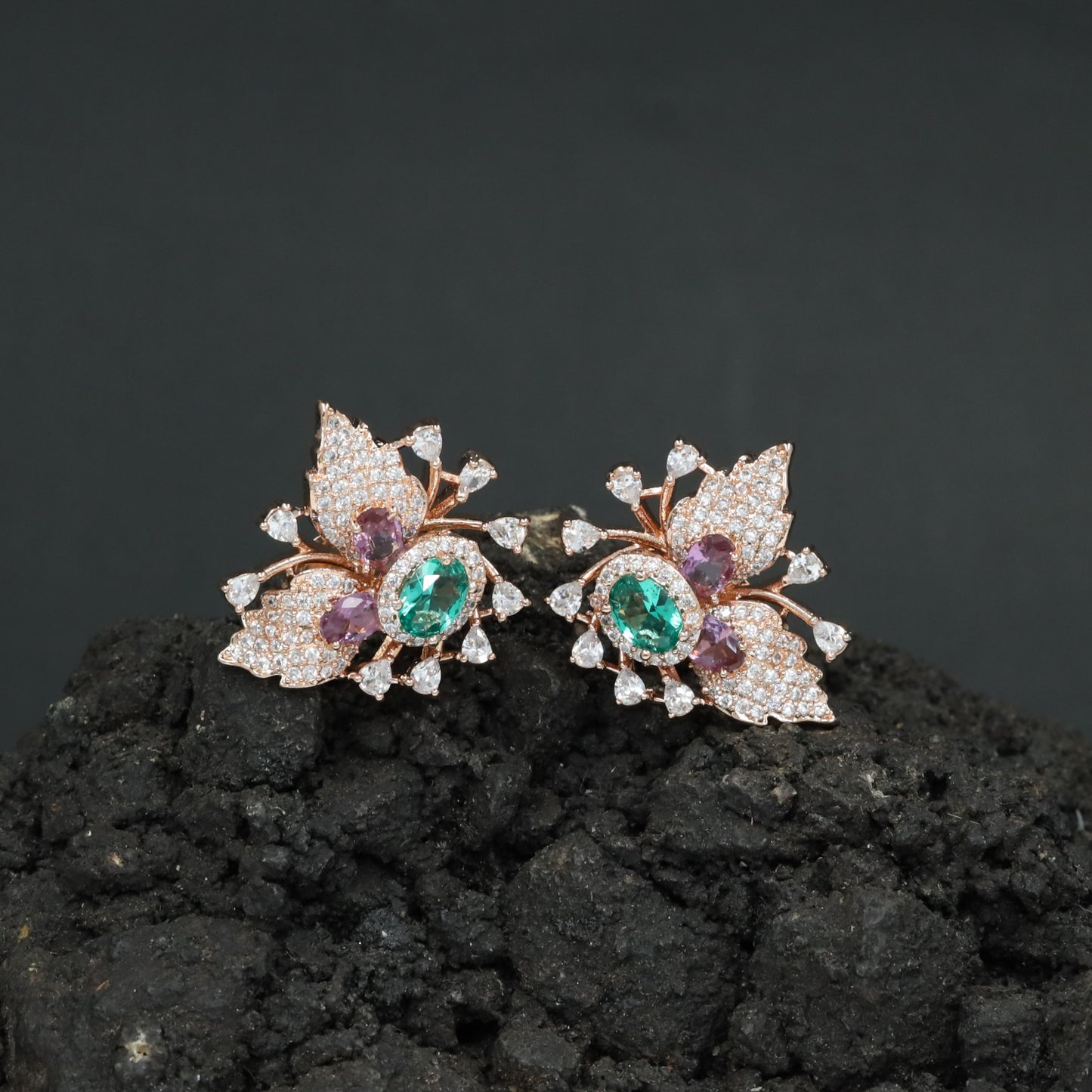Botanical Spray Stud Earrings with Sculpted Leaf Detailing