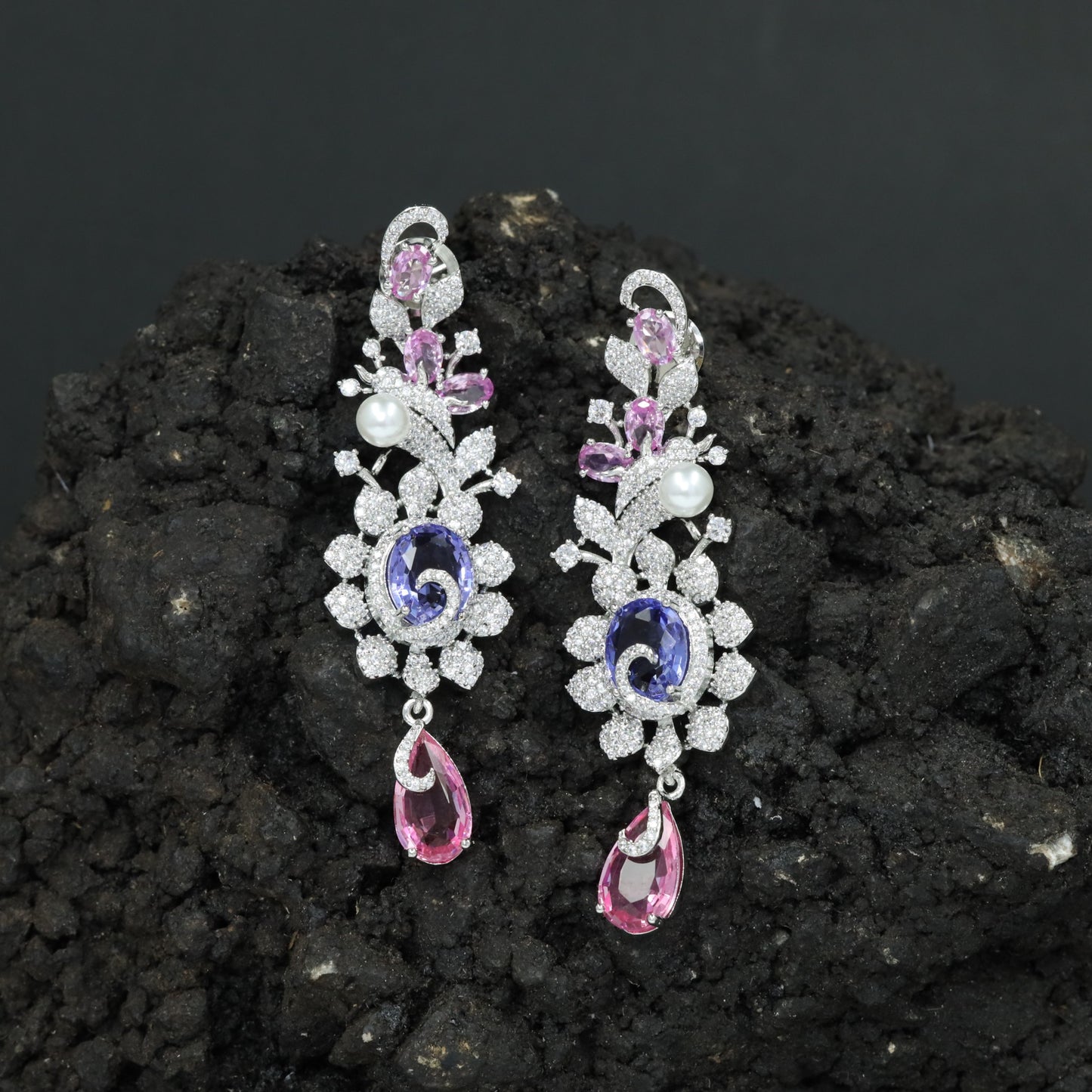 Botanical Hanging Earrings with Scroll and Leaf Arrangement