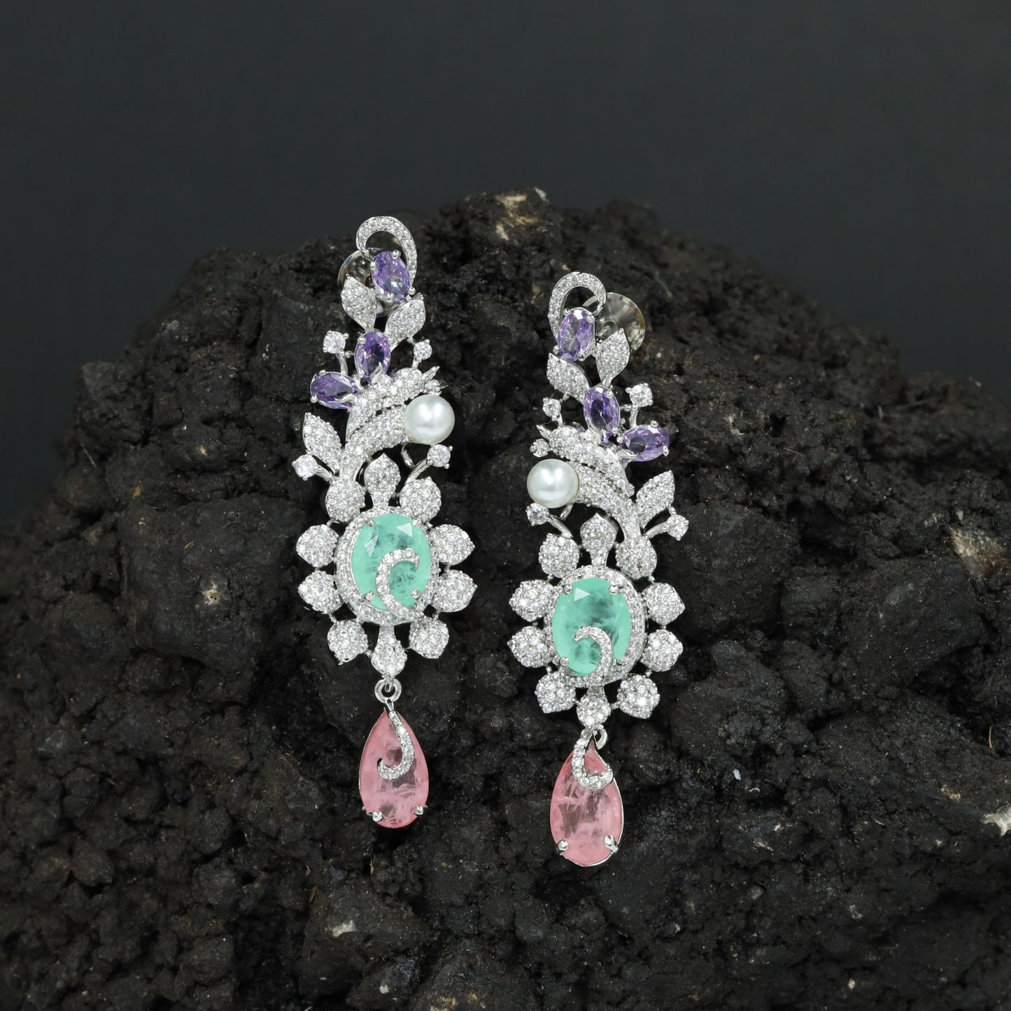 Botanical Hanging Earrings with Scroll and Leaf Arrangement