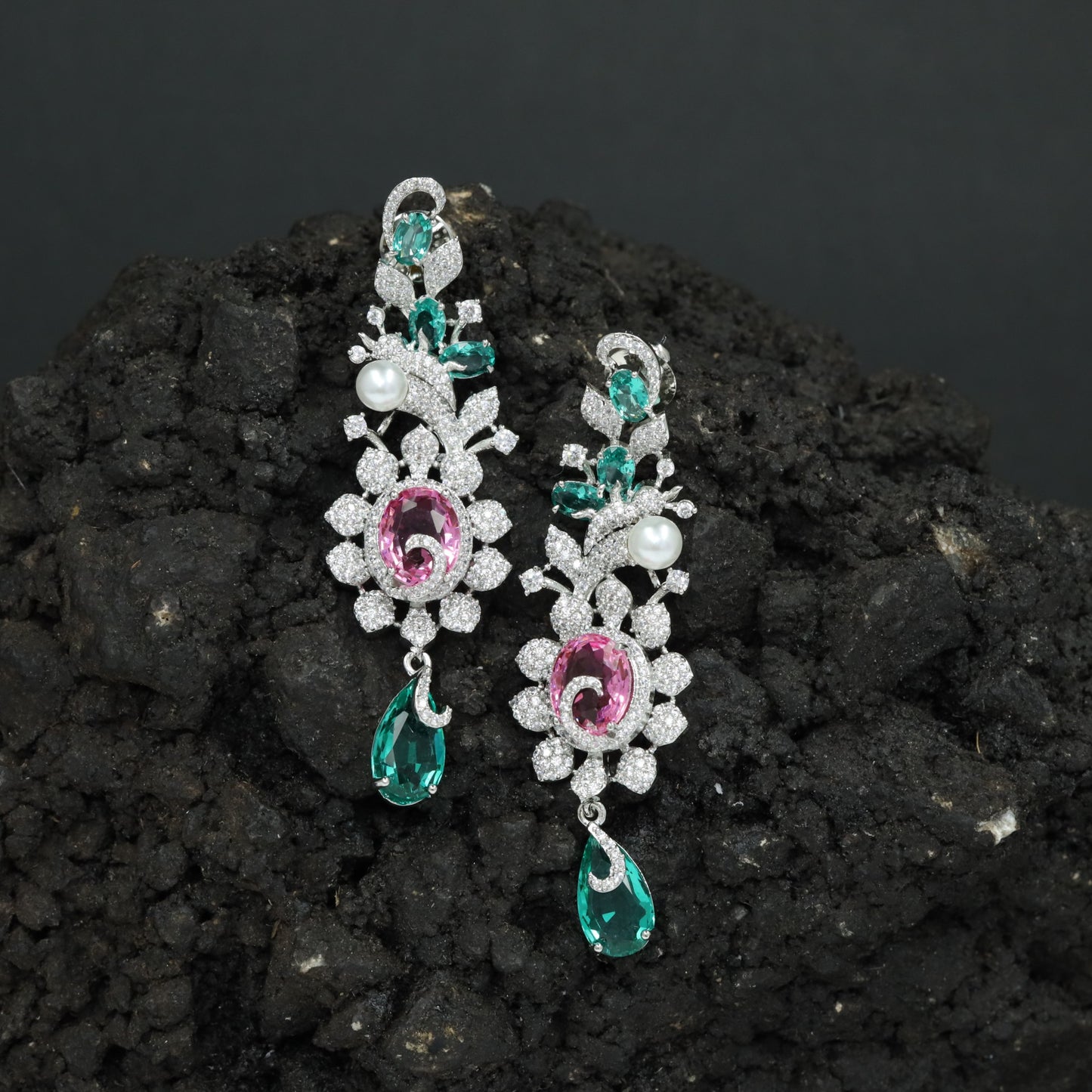 Botanical Hanging Earrings with Scroll and Leaf Arrangement