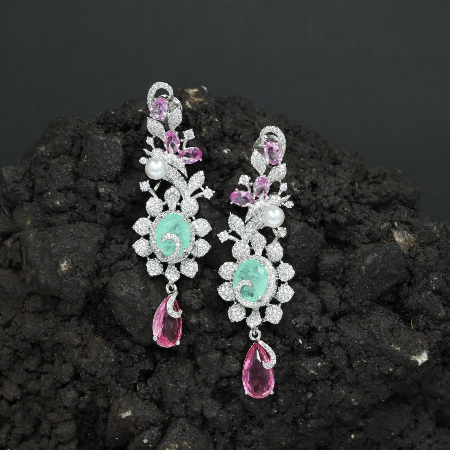 Botanical Hanging Earrings with Scroll and Leaf Arrangement