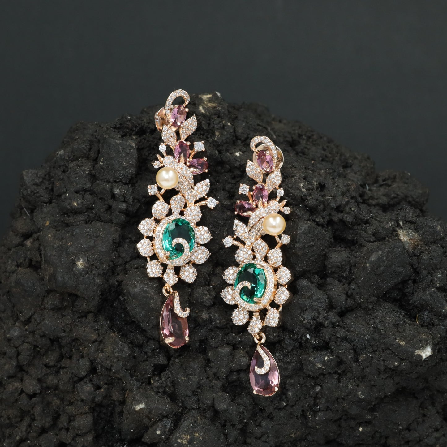 Botanical Hanging Earrings with Scroll and Leaf Arrangement
