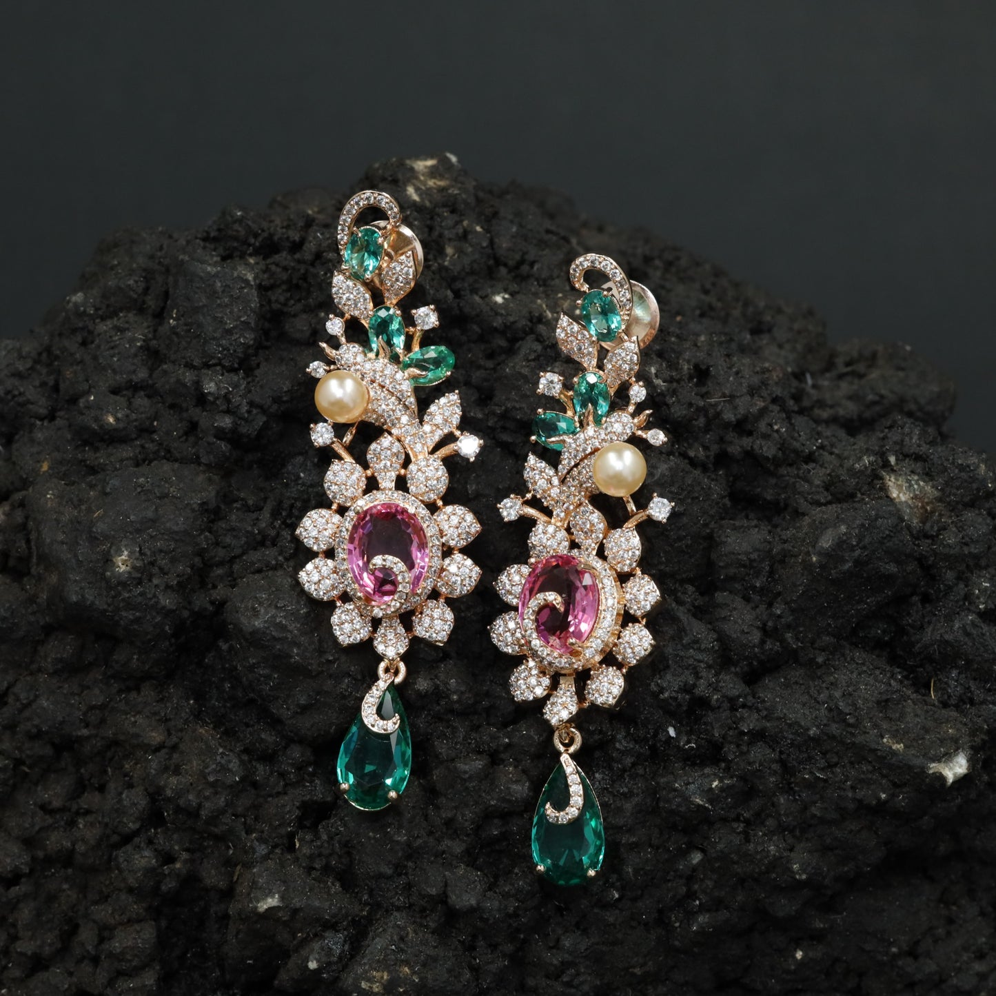Botanical Hanging Earrings with Scroll and Leaf Arrangement