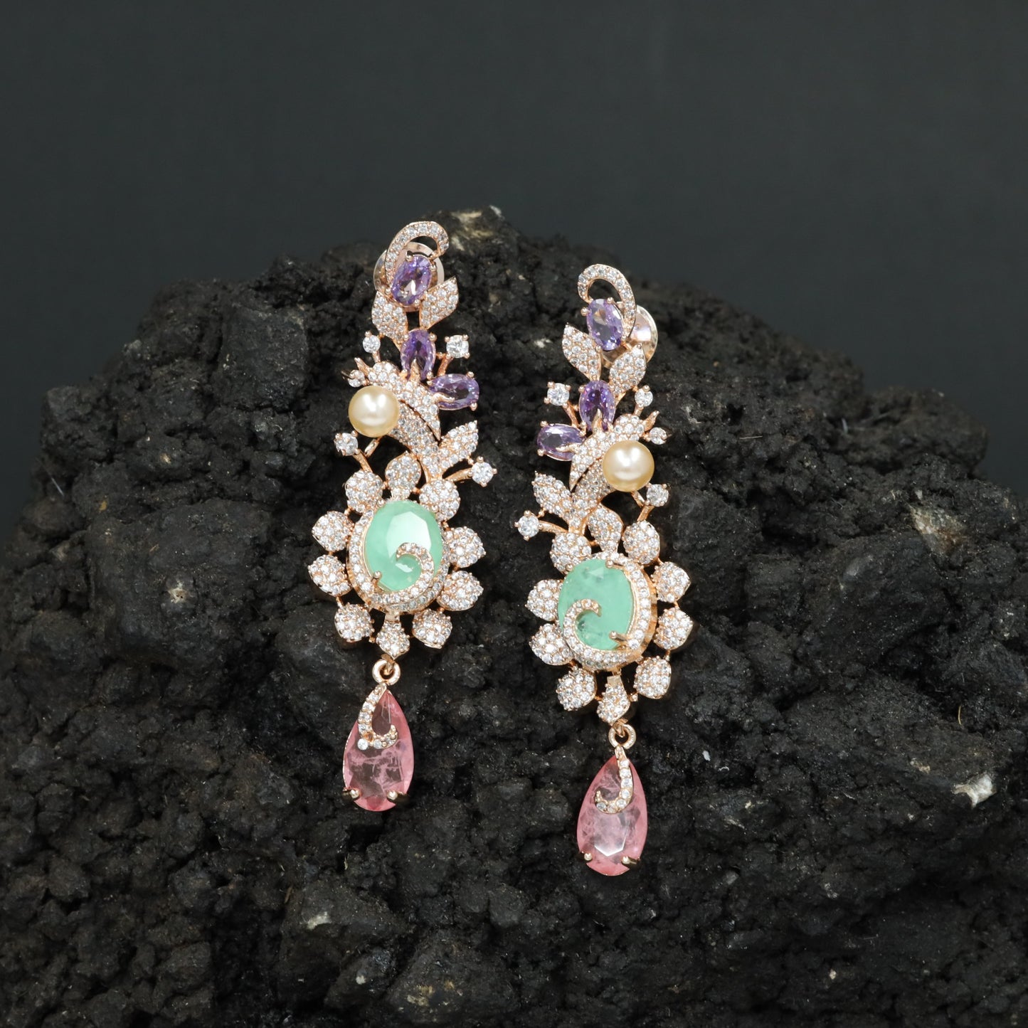 Botanical Hanging Earrings with Scroll and Leaf Arrangement