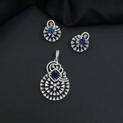 Statement drop pendant set with fan motif construction and matching earrings