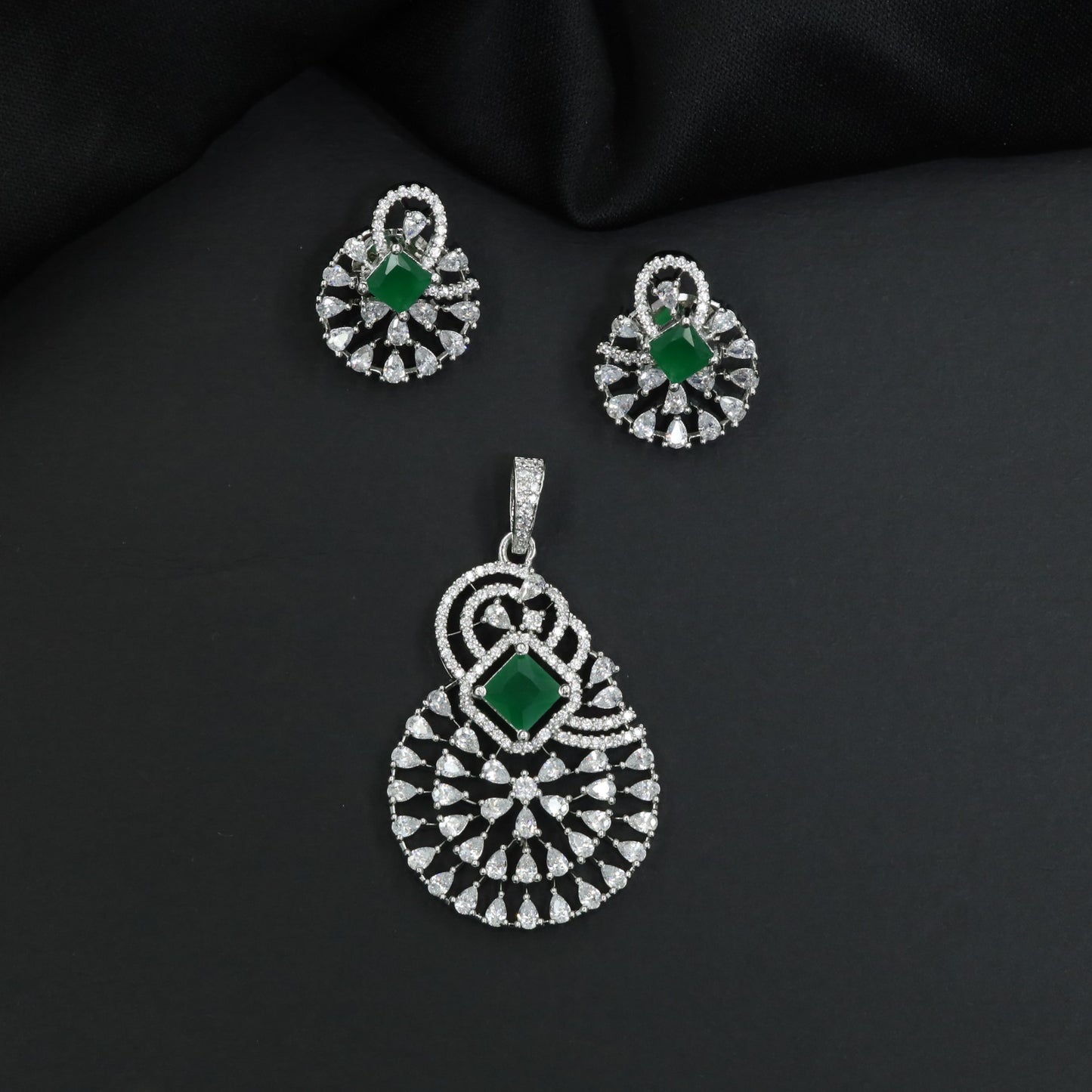 Statement drop pendant set with fan motif construction and matching earrings