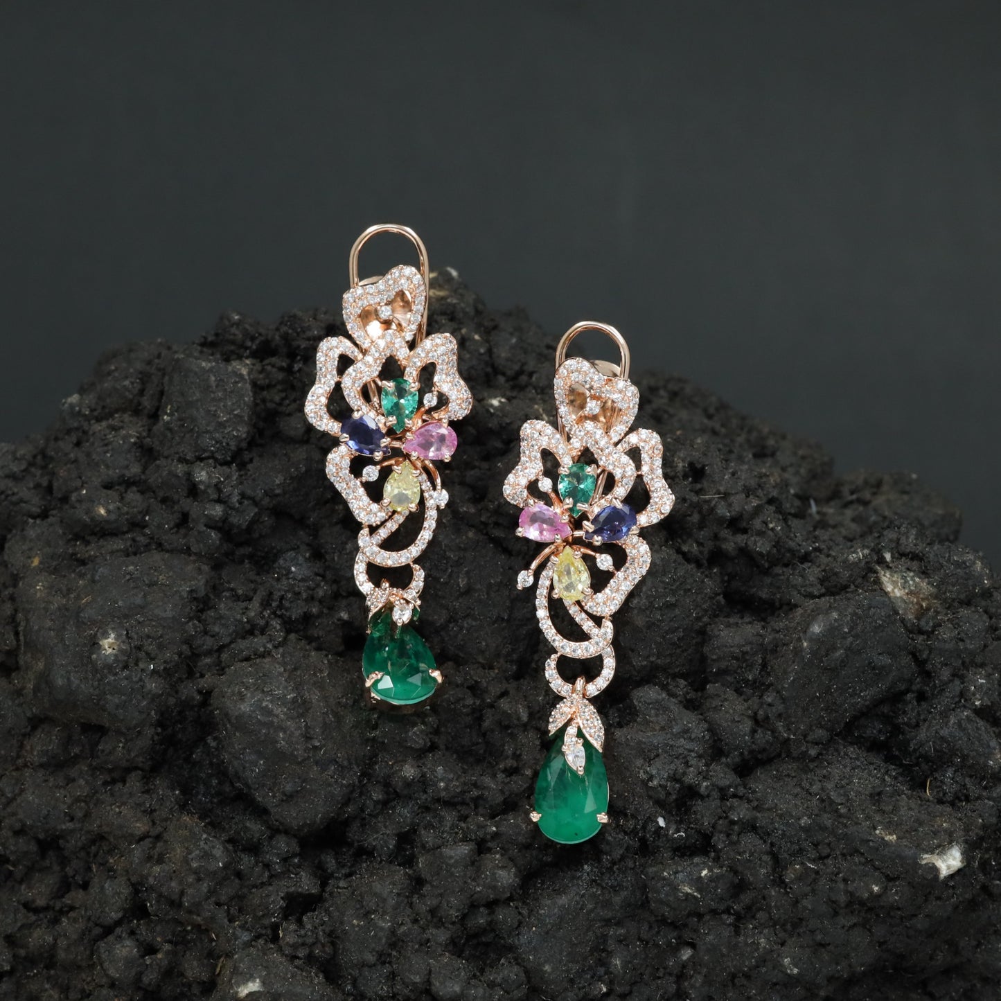 Decorative Floral Hanging Earrings with Cascading Drop Element