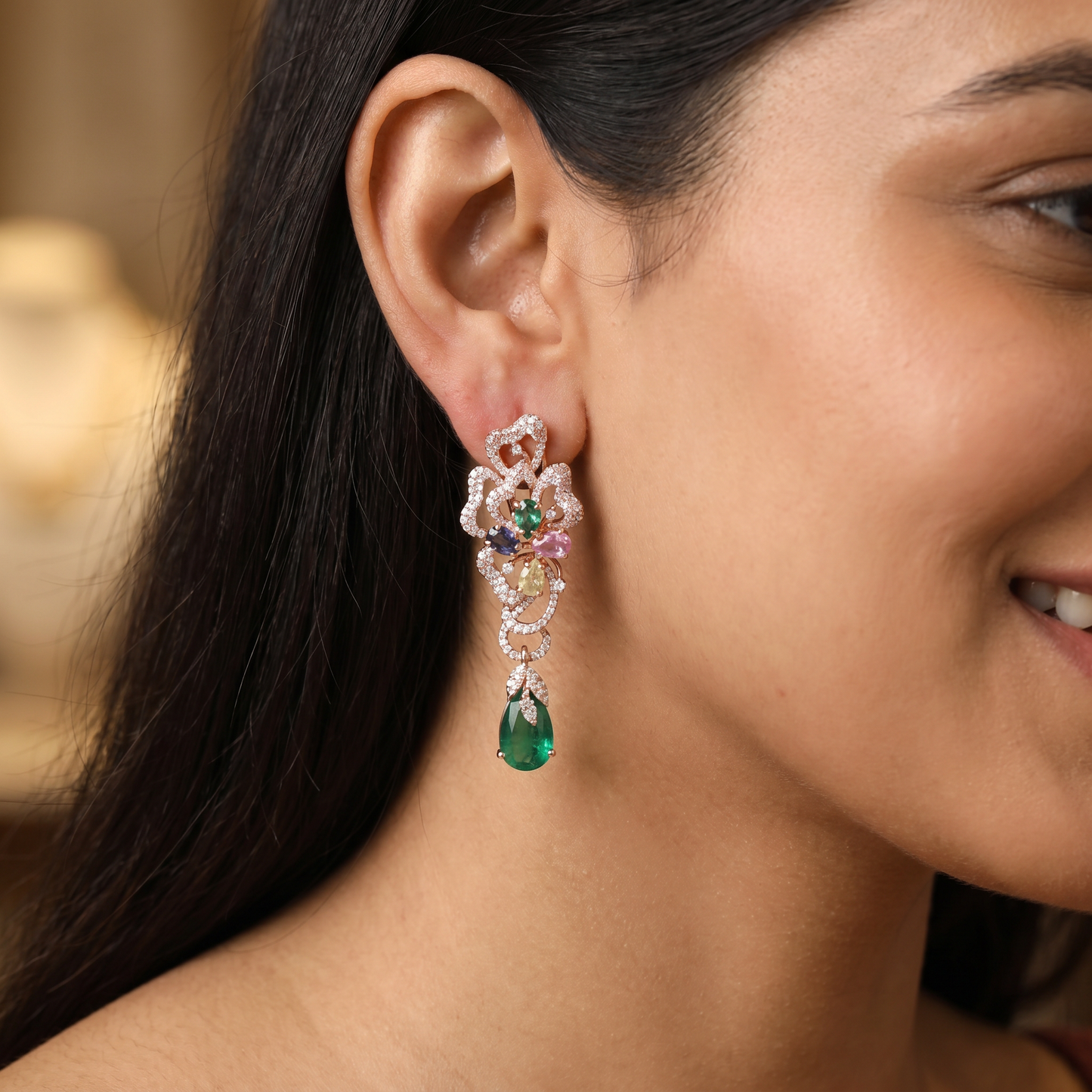 Decorative Floral Hanging Earrings with Cascading Drop Element