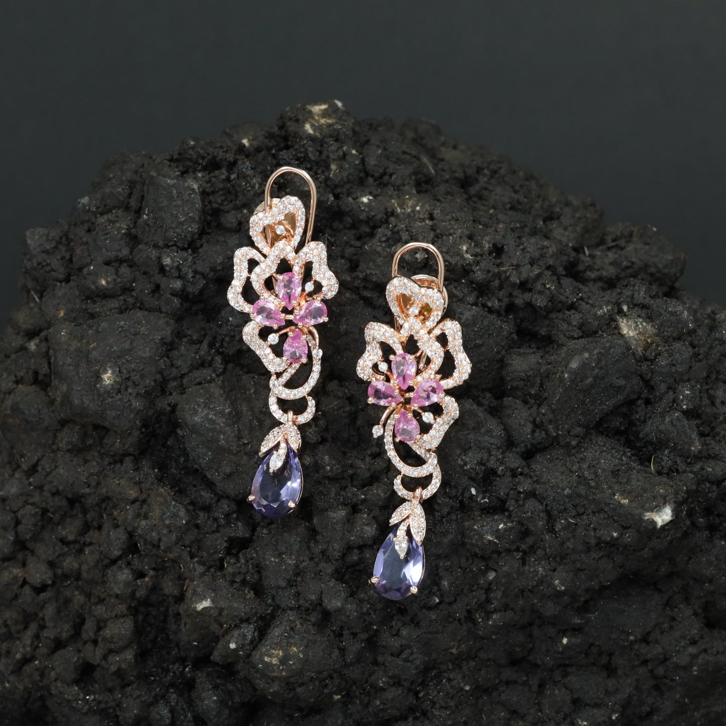 Decorative Floral Hanging Earrings with Cascading Drop Element
