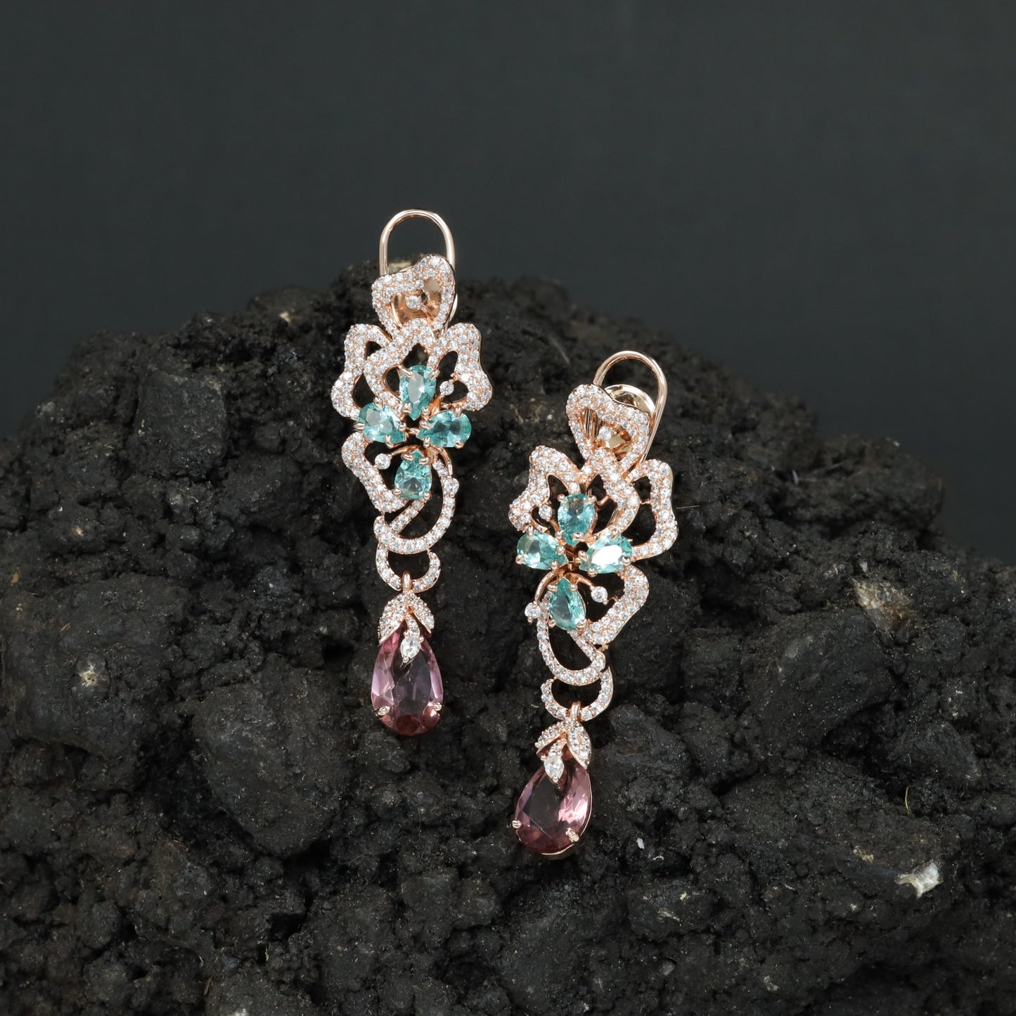 Decorative Floral Hanging Earrings with Cascading Drop Element