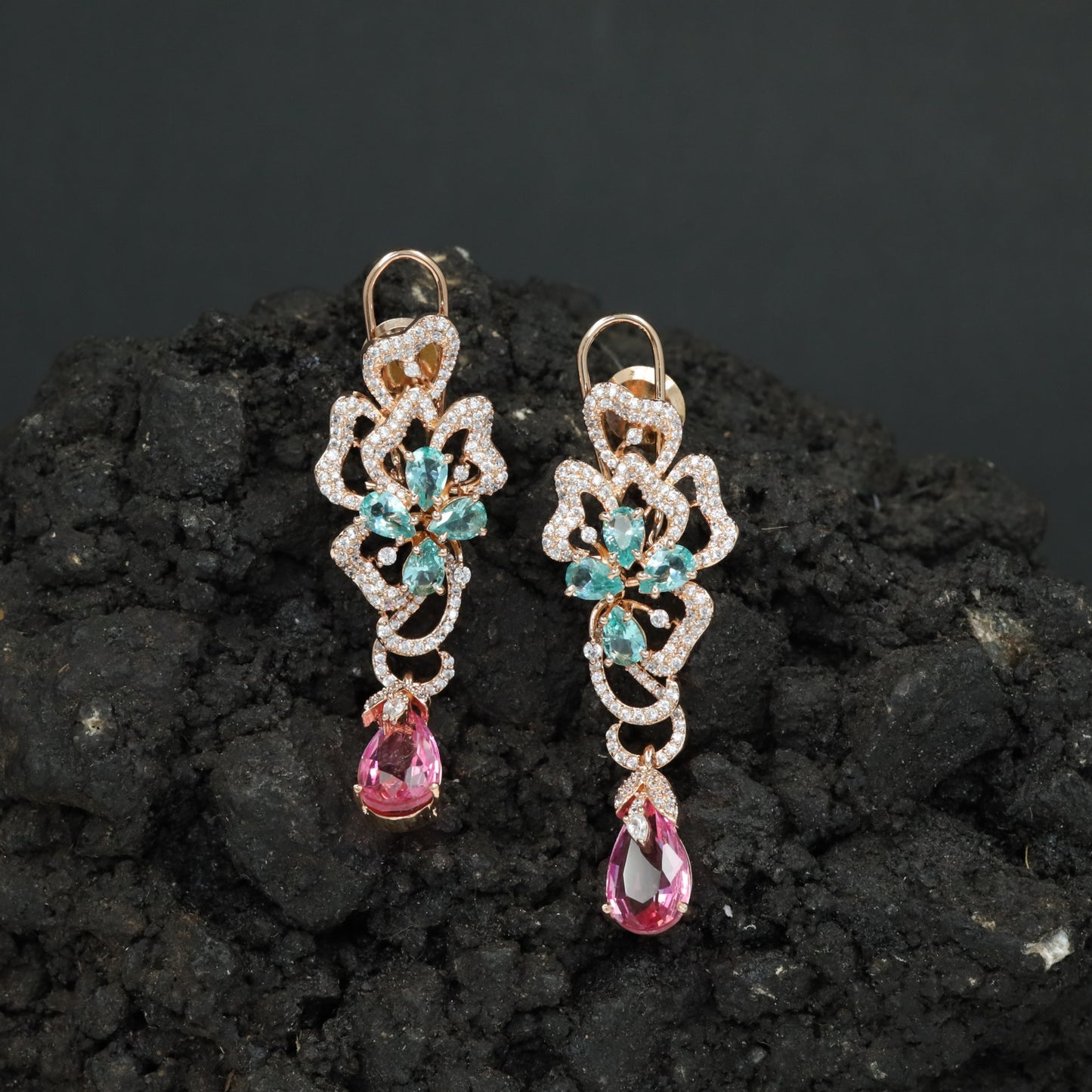 Decorative Floral Hanging Earrings with Cascading Drop Element
