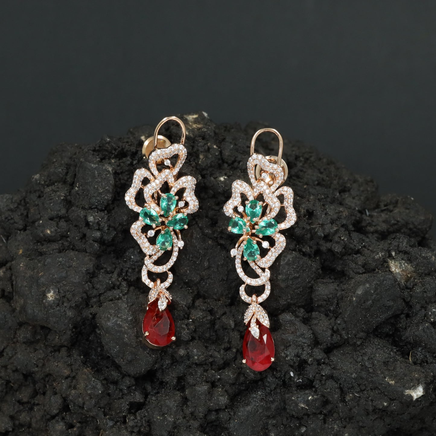 Decorative Floral Hanging Earrings with Cascading Drop Element