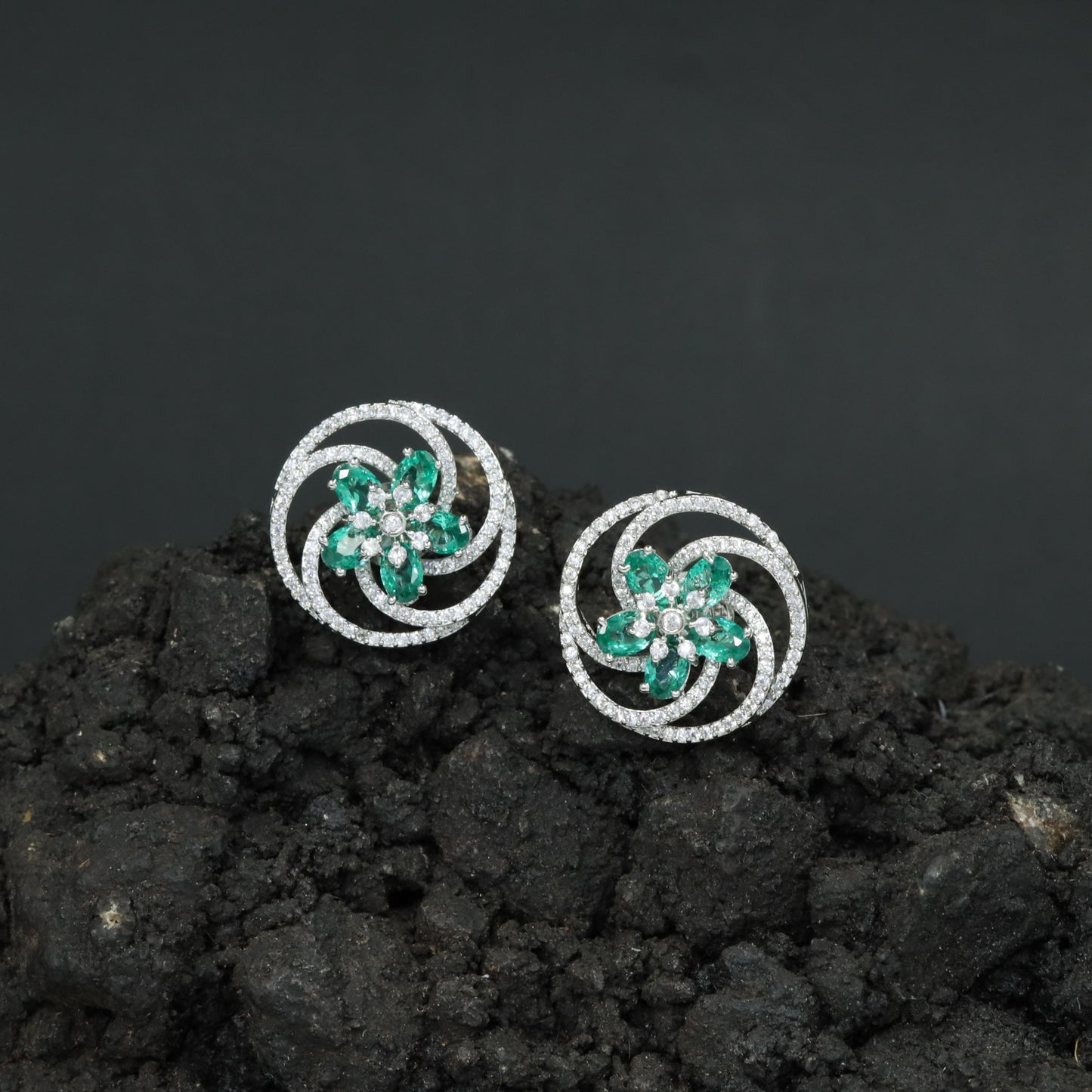 Floral Pinwheel Stud Earrings with Circular Border Design
