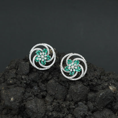 Floral Pinwheel Stud Earrings with Circular Border Design