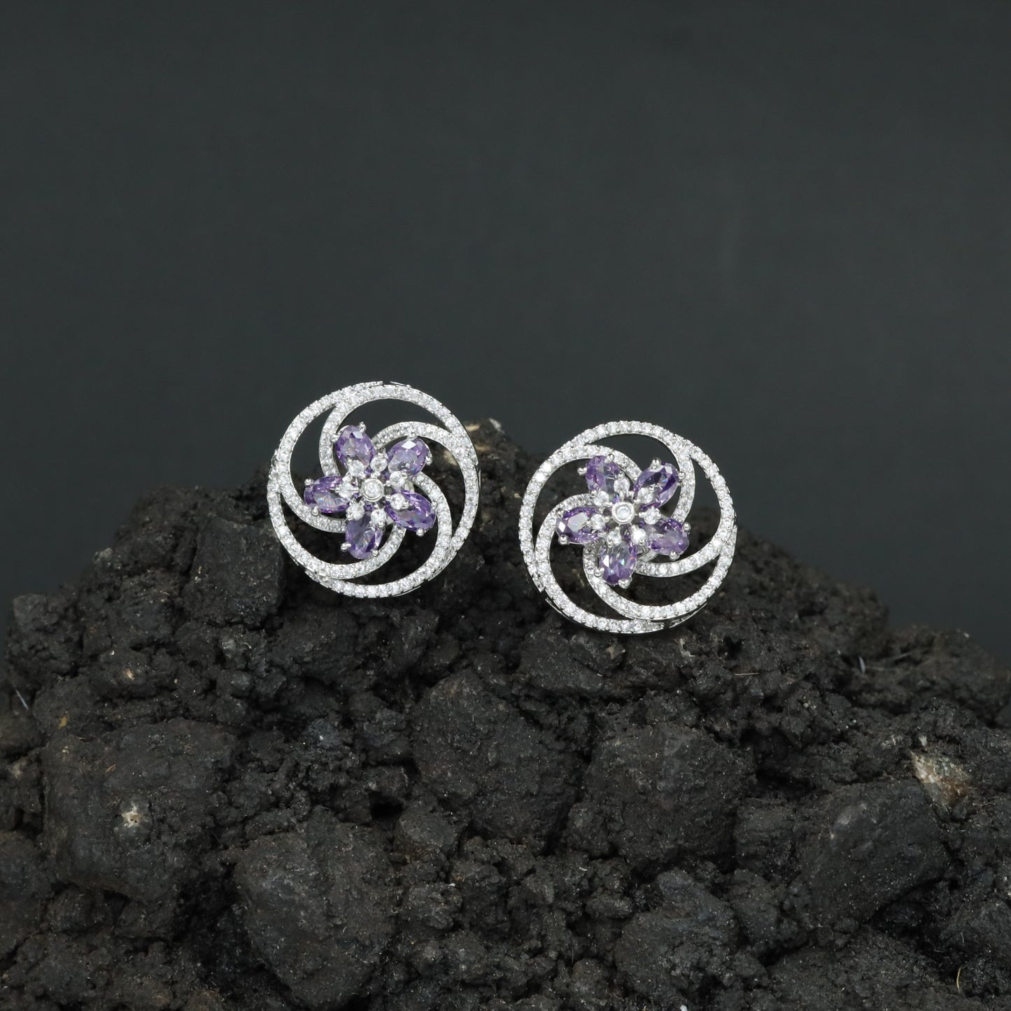 Floral Pinwheel Stud Earrings with Circular Border Design