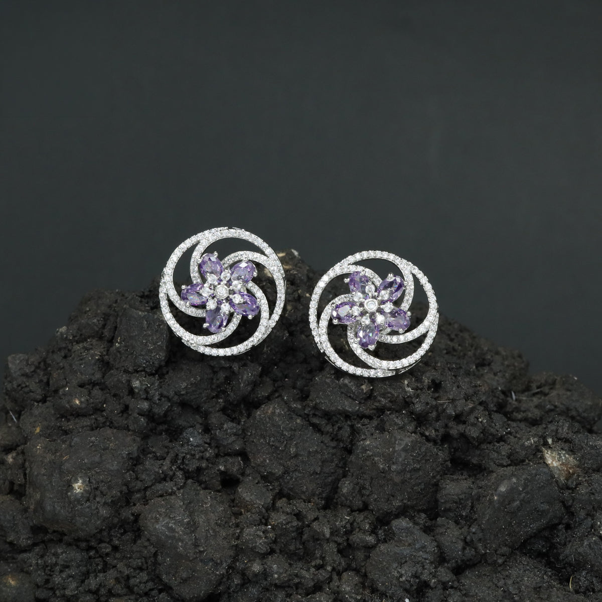 Rhodium Spiral Stud with Circular Floral Frame