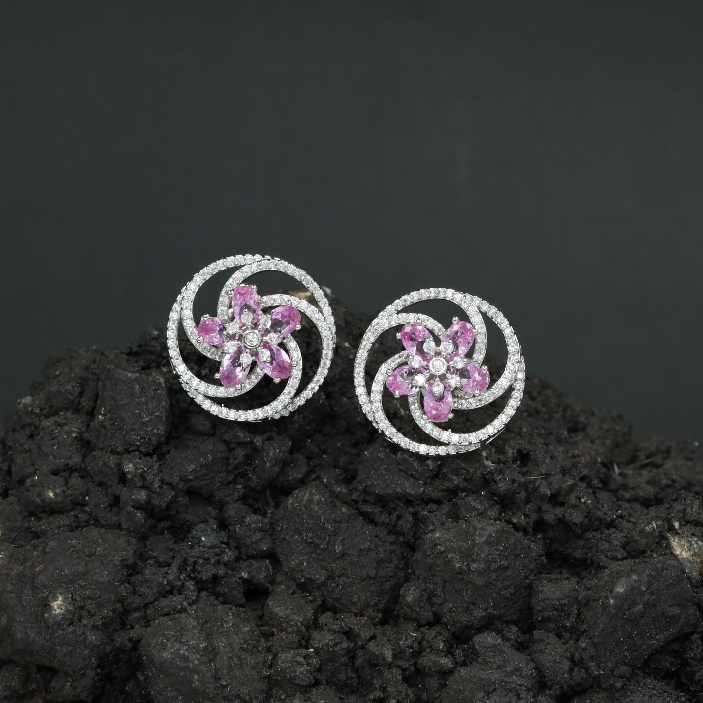 Floral Pinwheel Stud Earrings with Circular Border Design