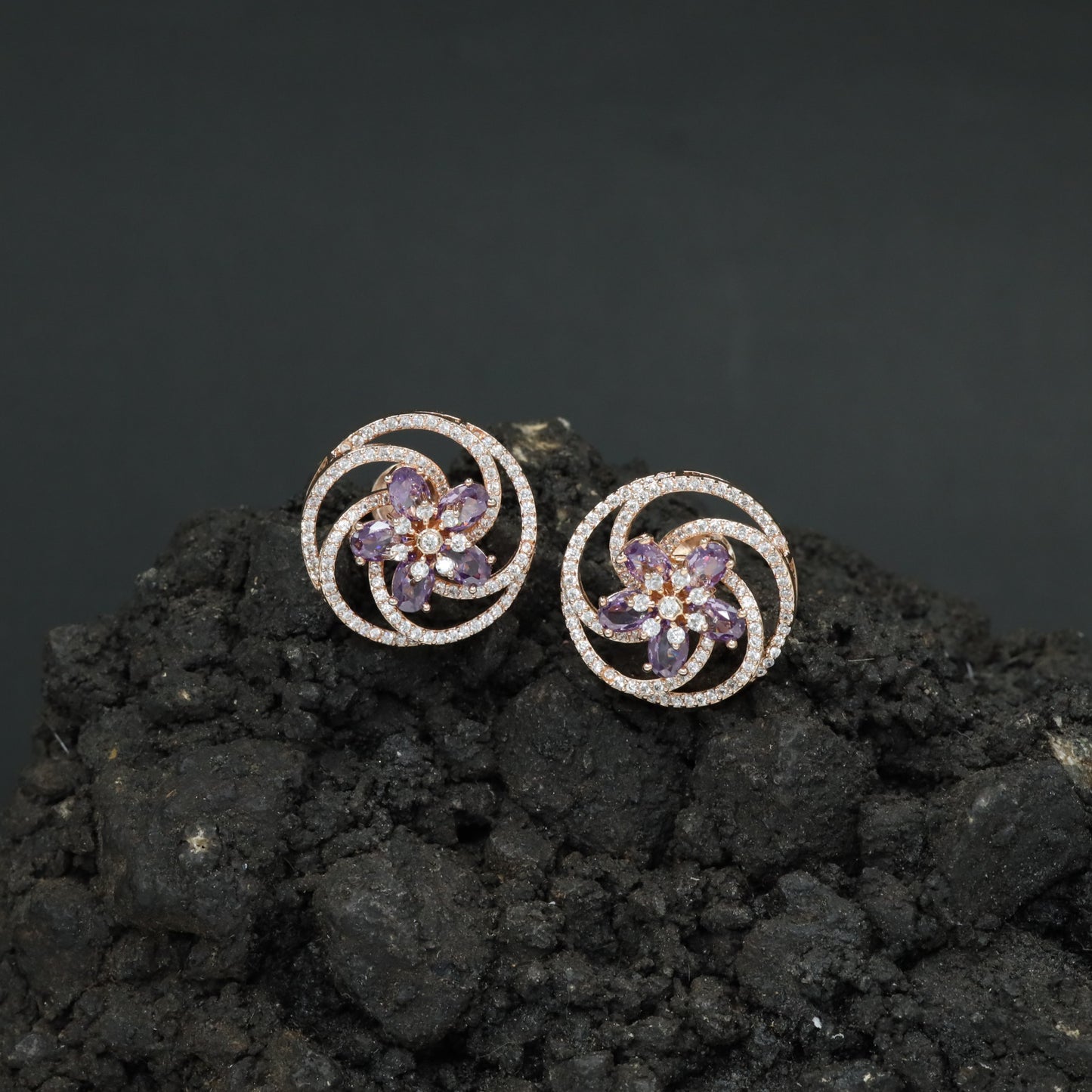 Floral Pinwheel Stud Earrings with Circular Border Design
