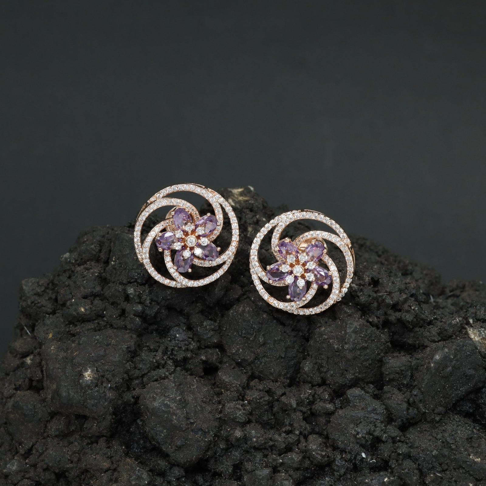Floral Pinwheel Stud Earrings with Circular Border Design