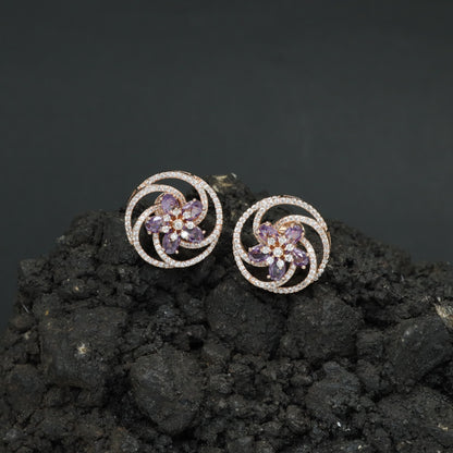 Floral Pinwheel Stud Earrings with Circular Border Design