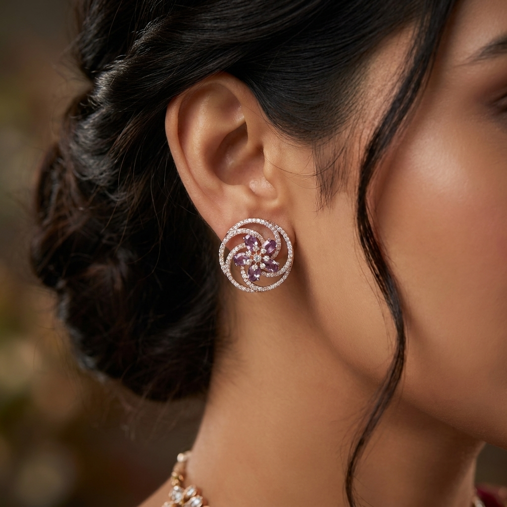 Floral Pinwheel Stud Earrings with Circular Border Design