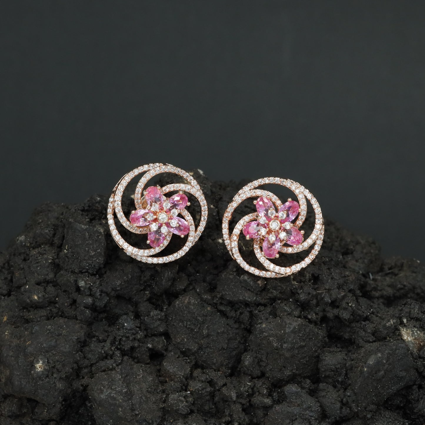 Floral Pinwheel Stud Earrings with Circular Border Design