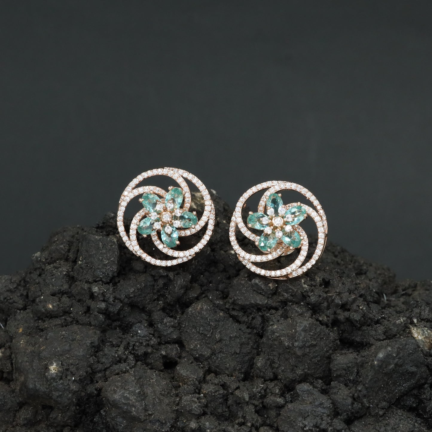 Floral Pinwheel Stud Earrings with Circular Border Design