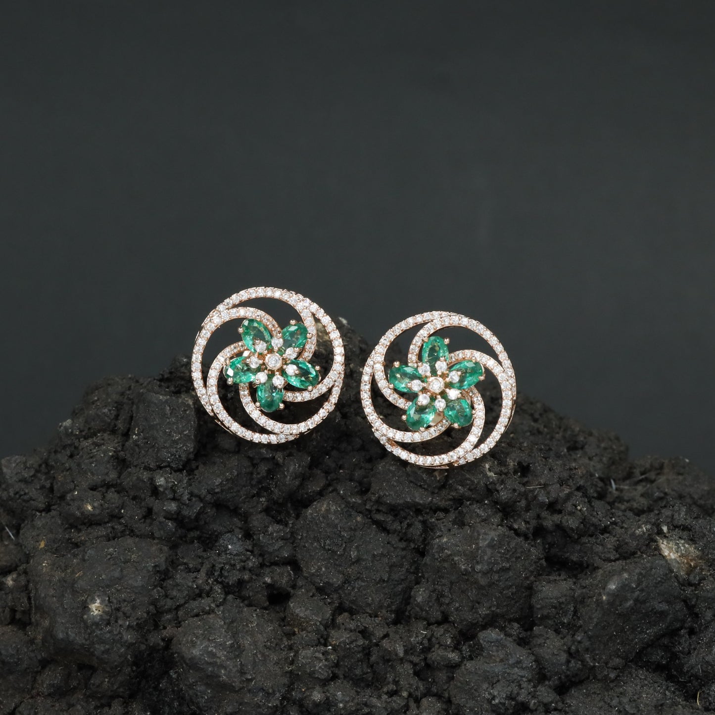 Floral Pinwheel Stud Earrings with Circular Border Design