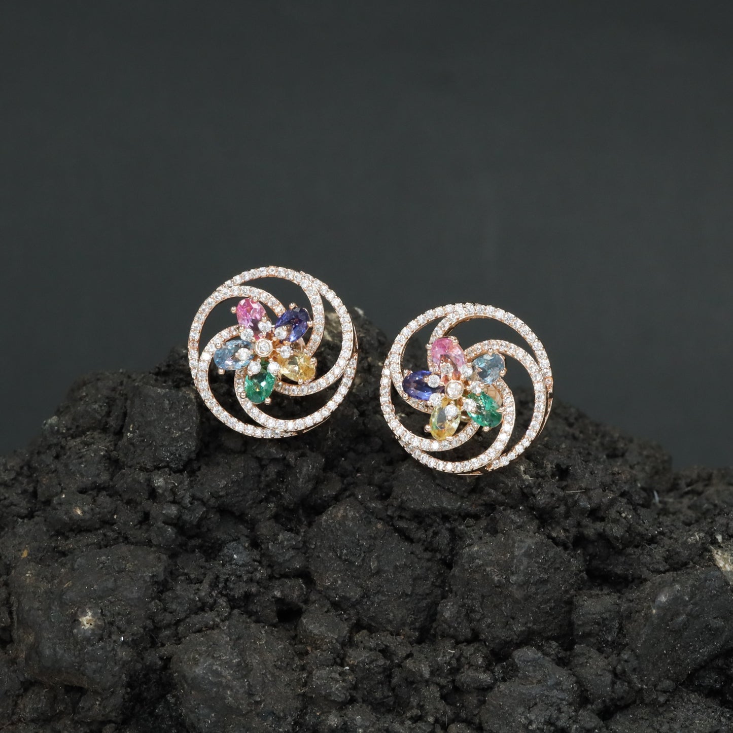 Floral Pinwheel Stud Earrings with Circular Border Design
