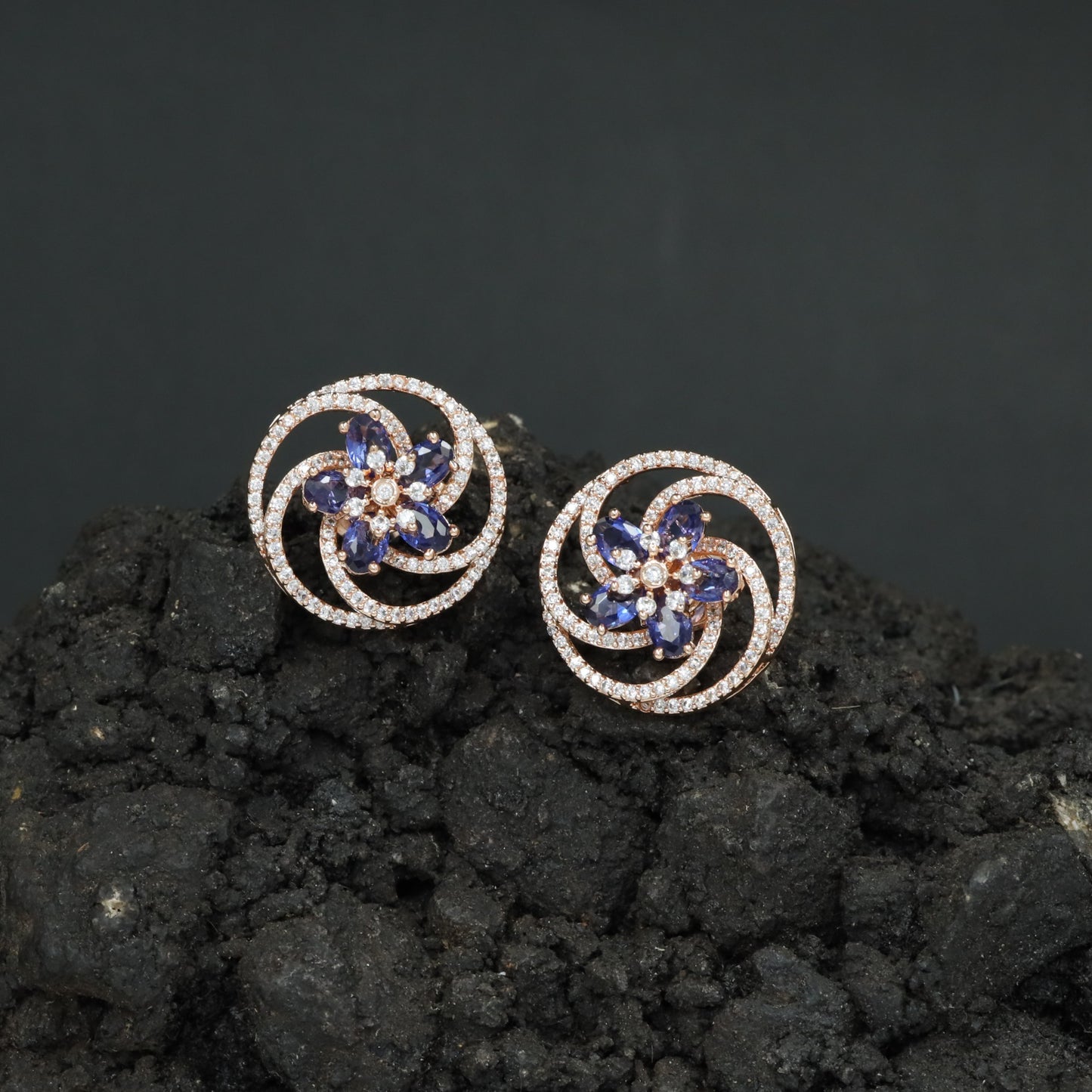 Floral Pinwheel Stud Earrings with Circular Border Design