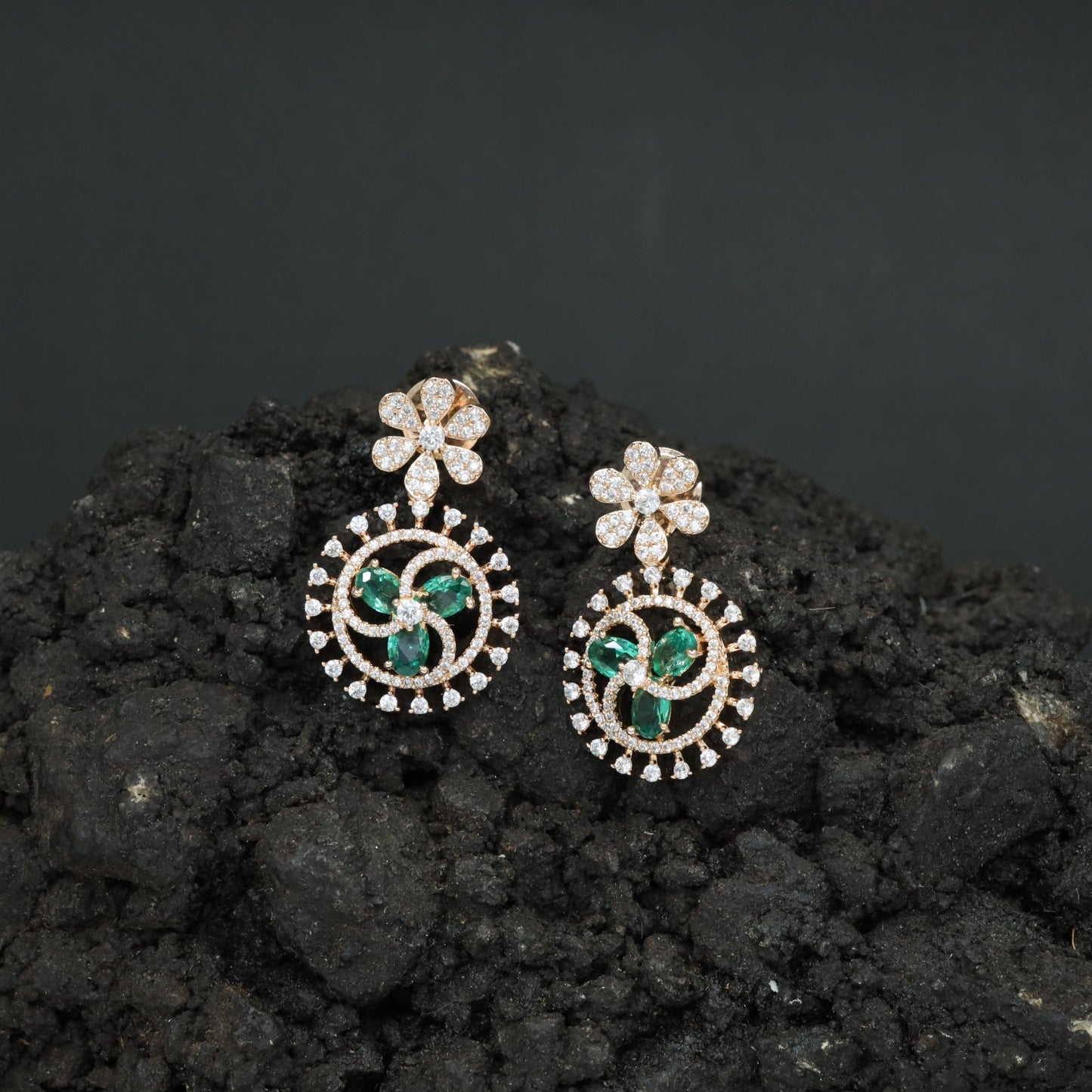 Floral Halo Rose Gold Hanging Earrings with Circular Frame Design