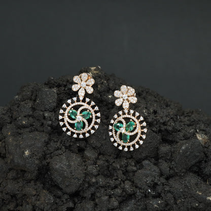 Floral Halo Rose Gold Hanging Earrings with Circular Frame Design
