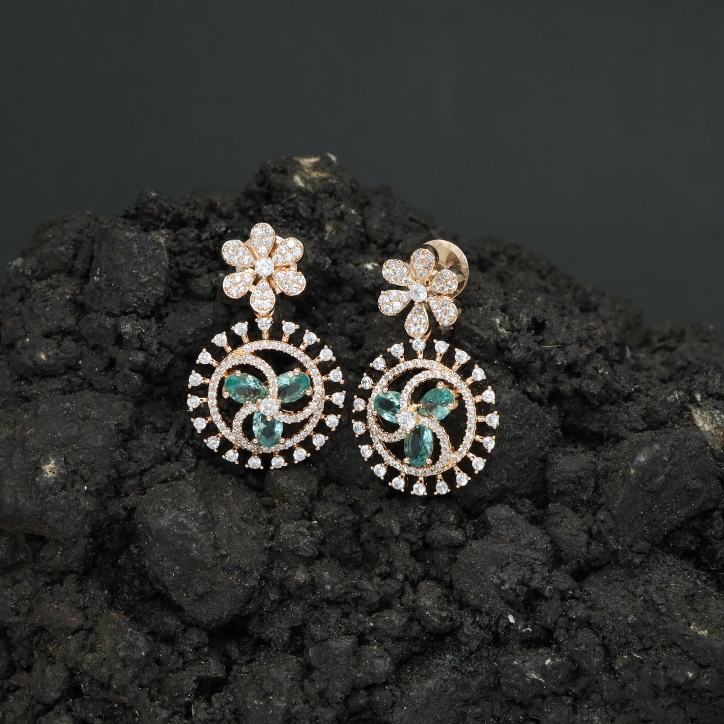 Floral Halo Rose Gold Hanging Earrings with Circular Frame Design