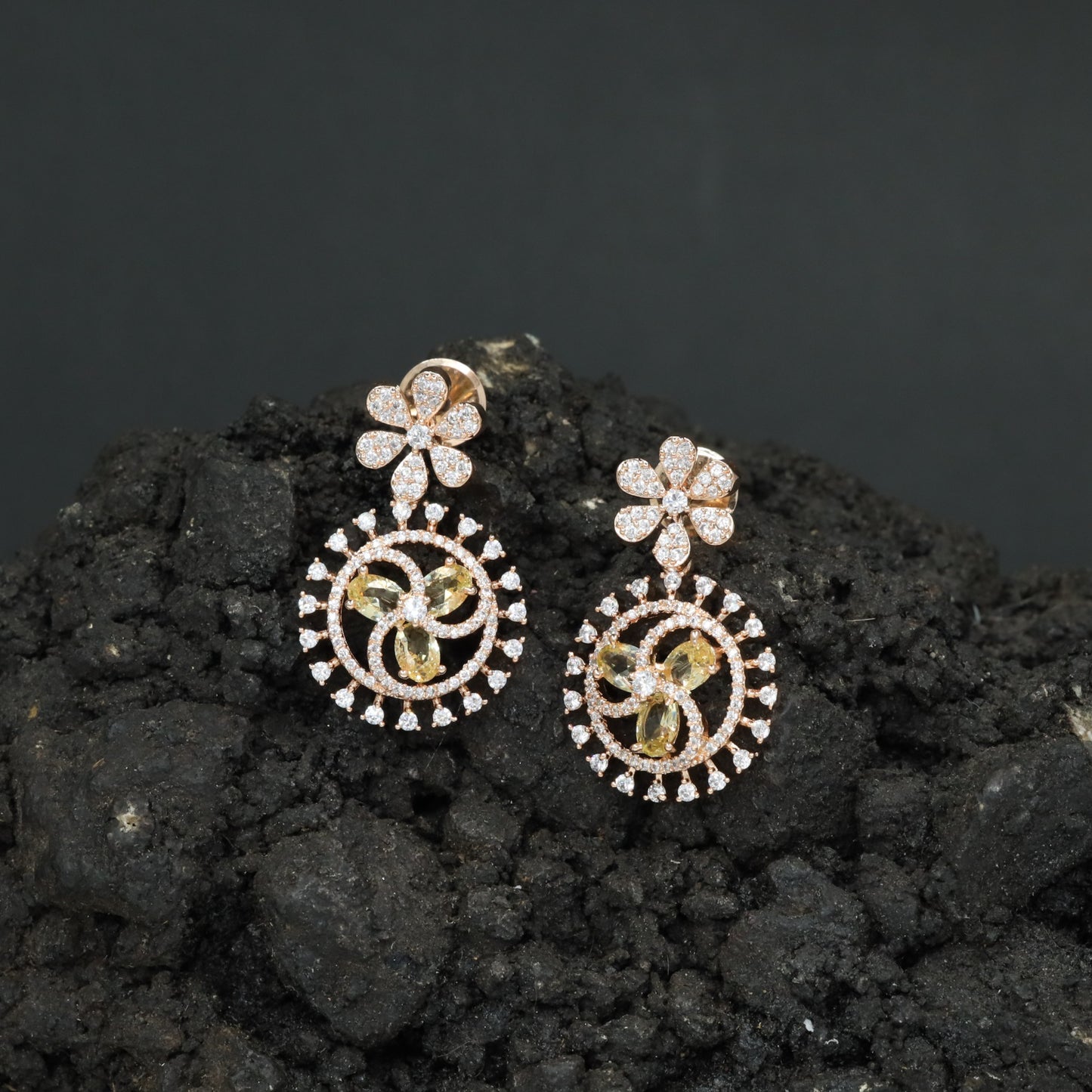Floral Halo Rose Gold Hanging Earrings with Circular Frame Design