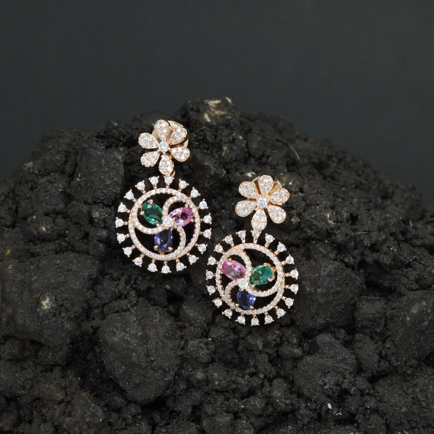 Floral Halo Rose Gold Hanging Earrings with Circular Frame Design