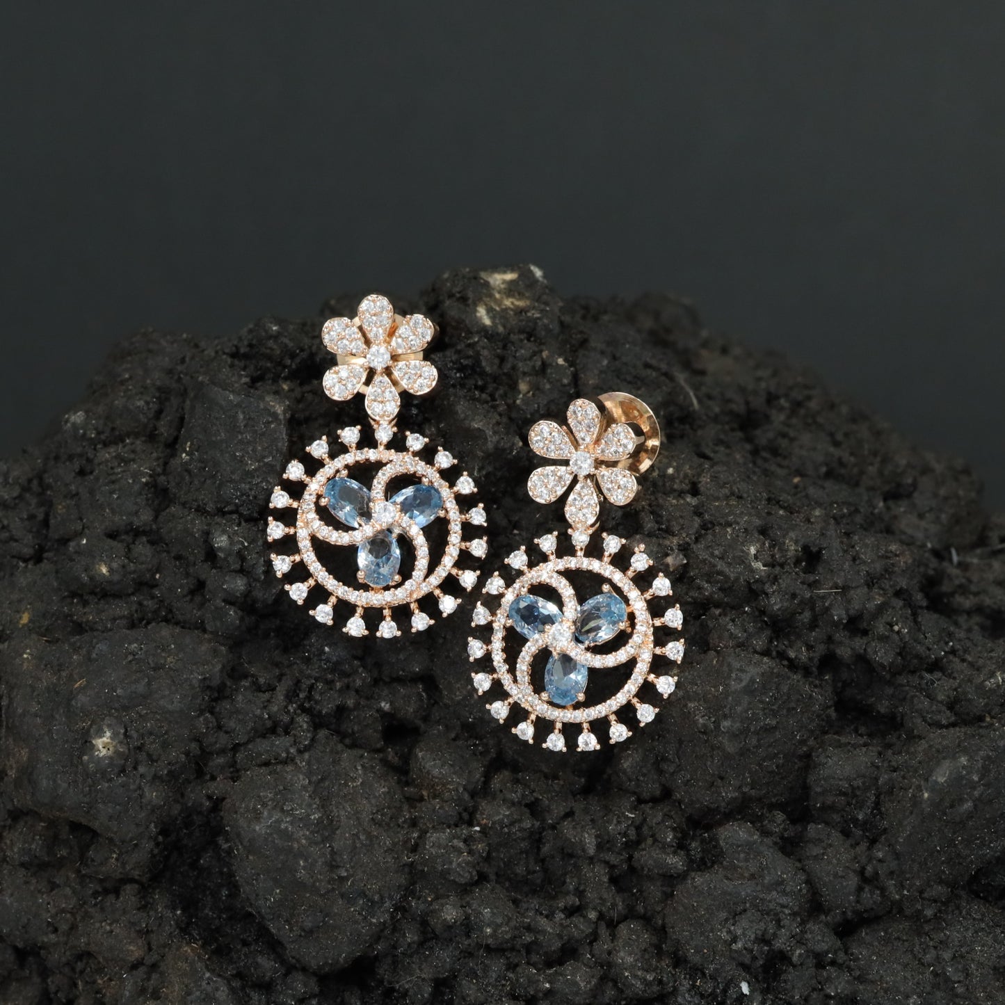Floral Halo Rose Gold Hanging Earrings with Circular Frame Design