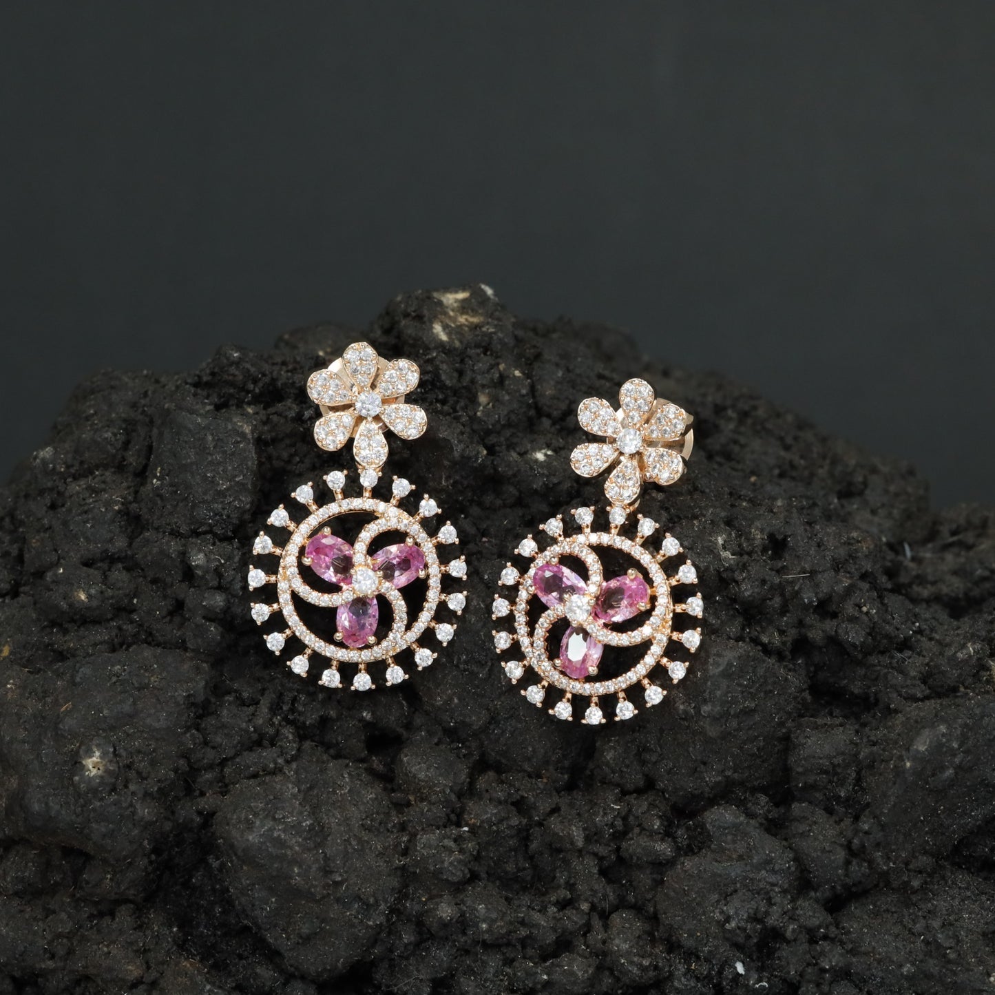 Floral Halo Rose Gold Hanging Earrings with Circular Frame Design