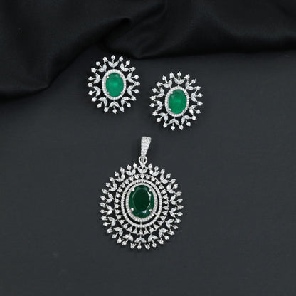 Rhodium finish pendant set with oval drop and radiant border design