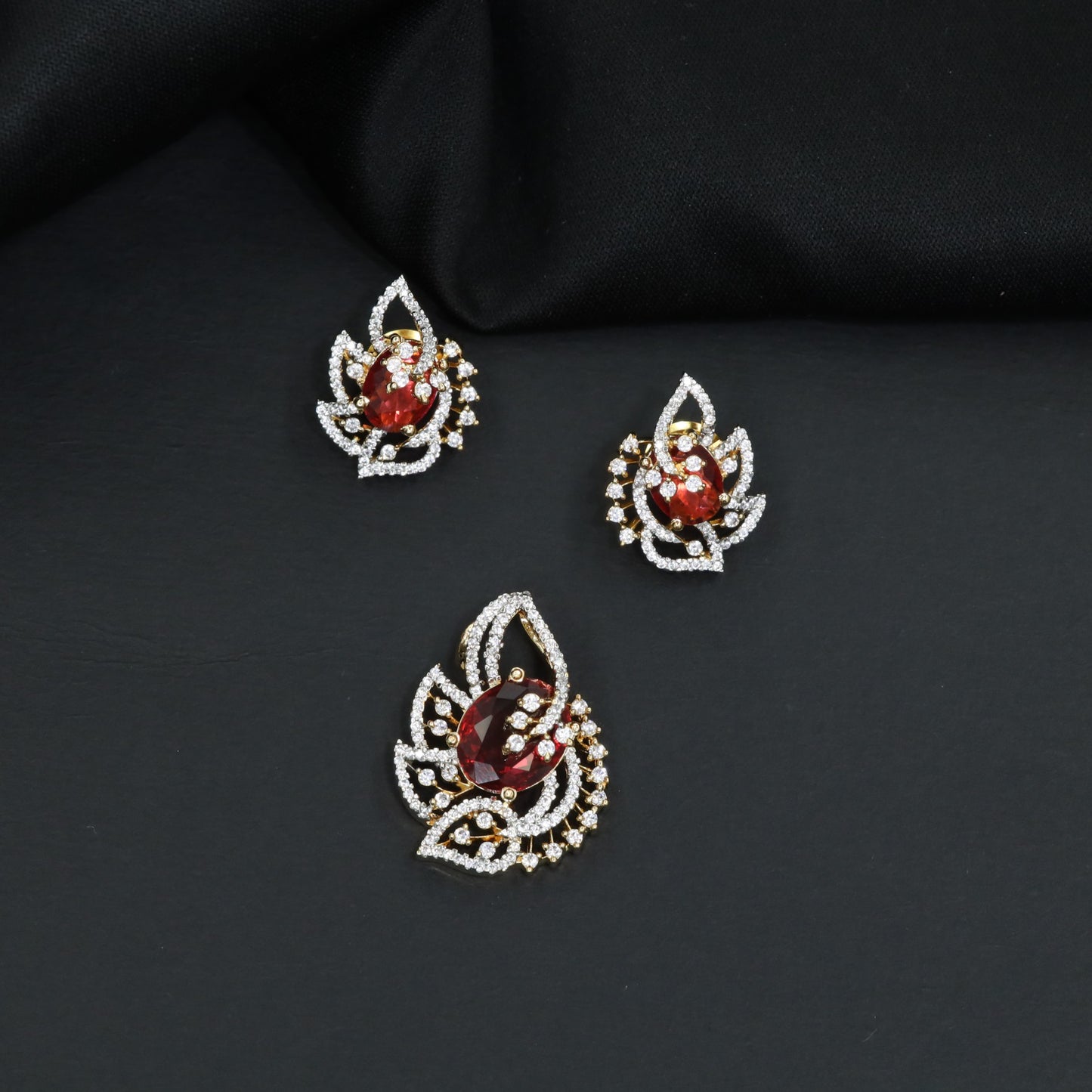 Designer pendant set with botanical patterns and halo accents