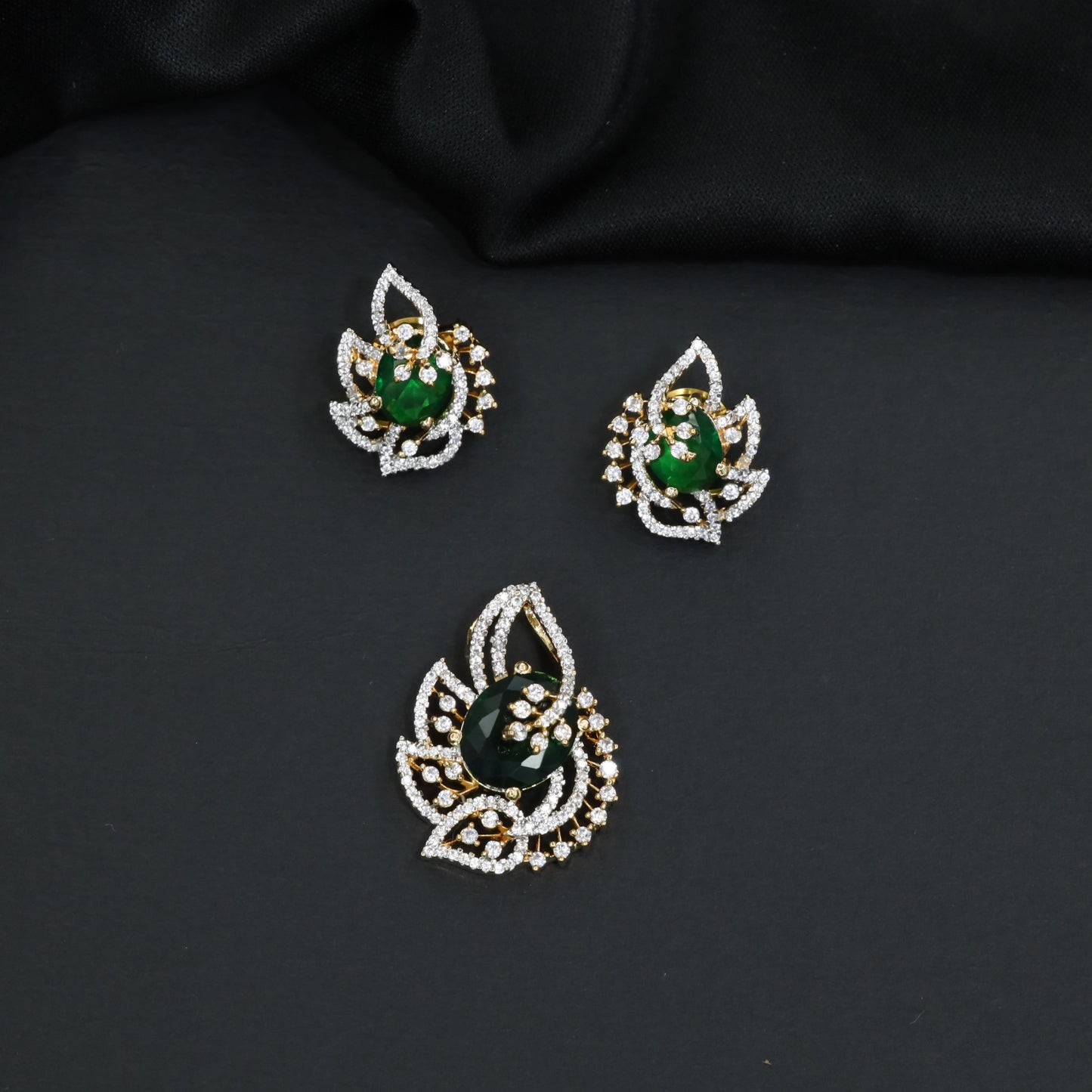 Designer pendant set with botanical patterns and halo accents