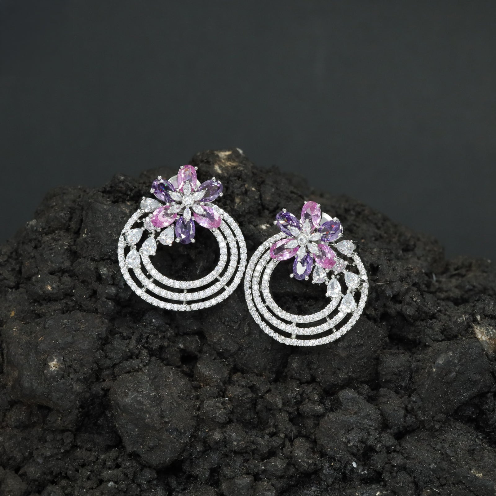 Concentric Exclusive Rhodium Stud with Floral Cluster and Triple Circular Rings